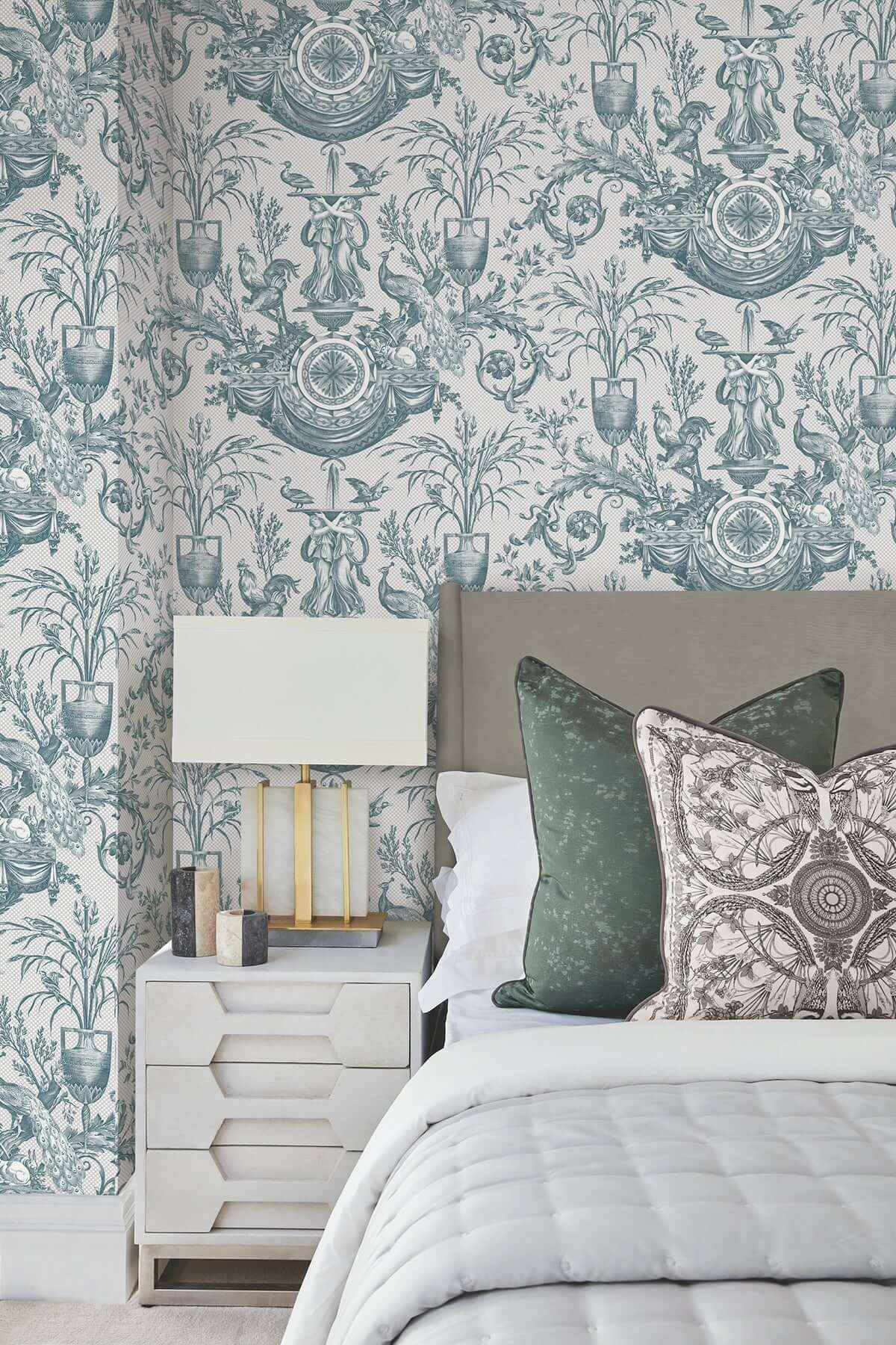 Avian Fountain Toile Jade Wallpaper - York Wallcoverings - RT7811 - York Wallcoverings Wallpaper