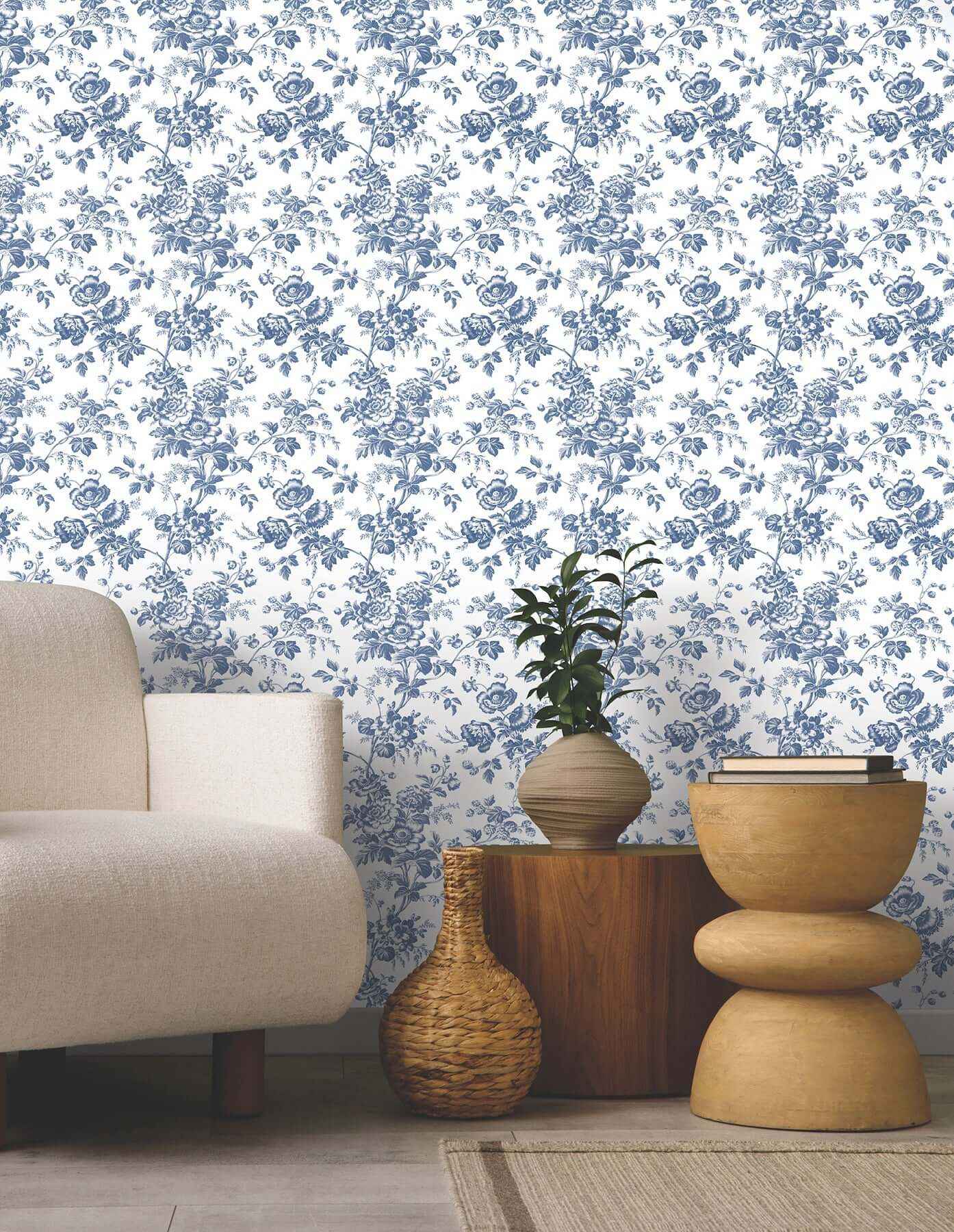 Anemone Toile Navy Wallpaper - York Wallcoverings - RT7873 - York Wallcoverings Wallpaper