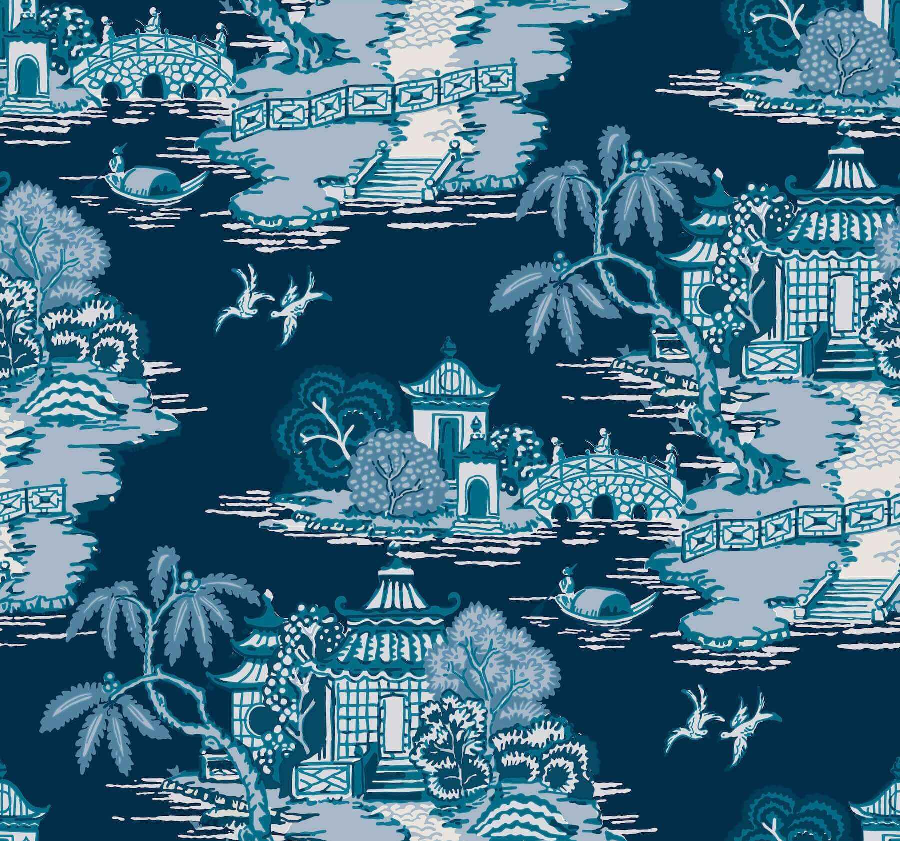 Pagoda And Sampan Scenic Navy Wallpaper - York Wallcoverings - RT7901