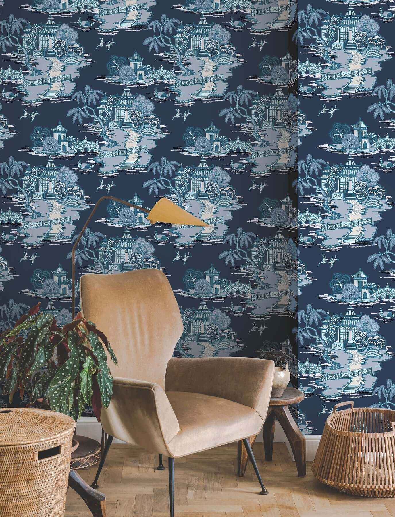 Pagoda And Sampan Scenic Navy Wallpaper - York Wallcoverings - RT7901 - York Wallcoverings Wallpaper
