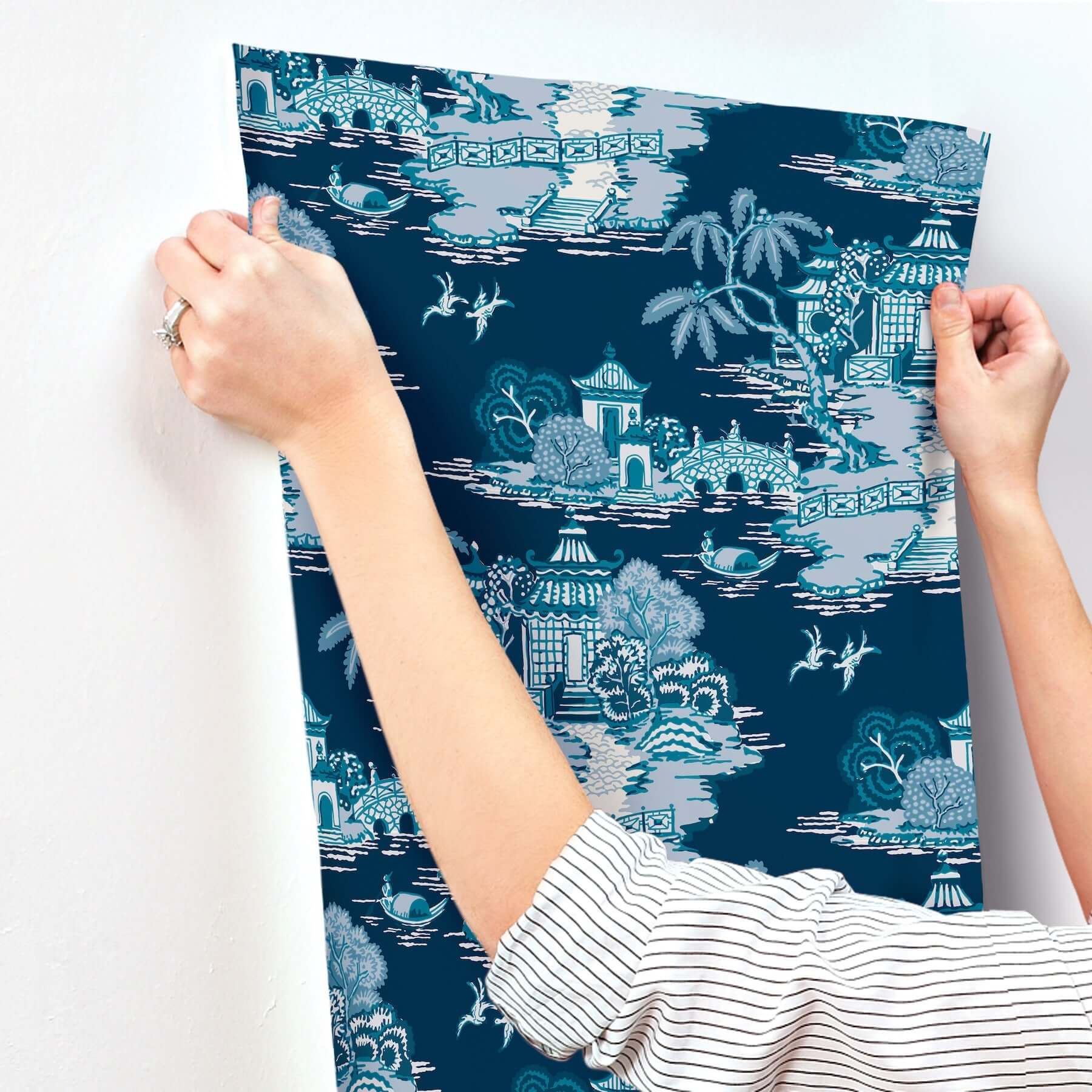 pagoda-and-sampan-scenic-wallpaper-navy-york-wallcoverings-rt7901 - York Wallcoverings Wallpaper