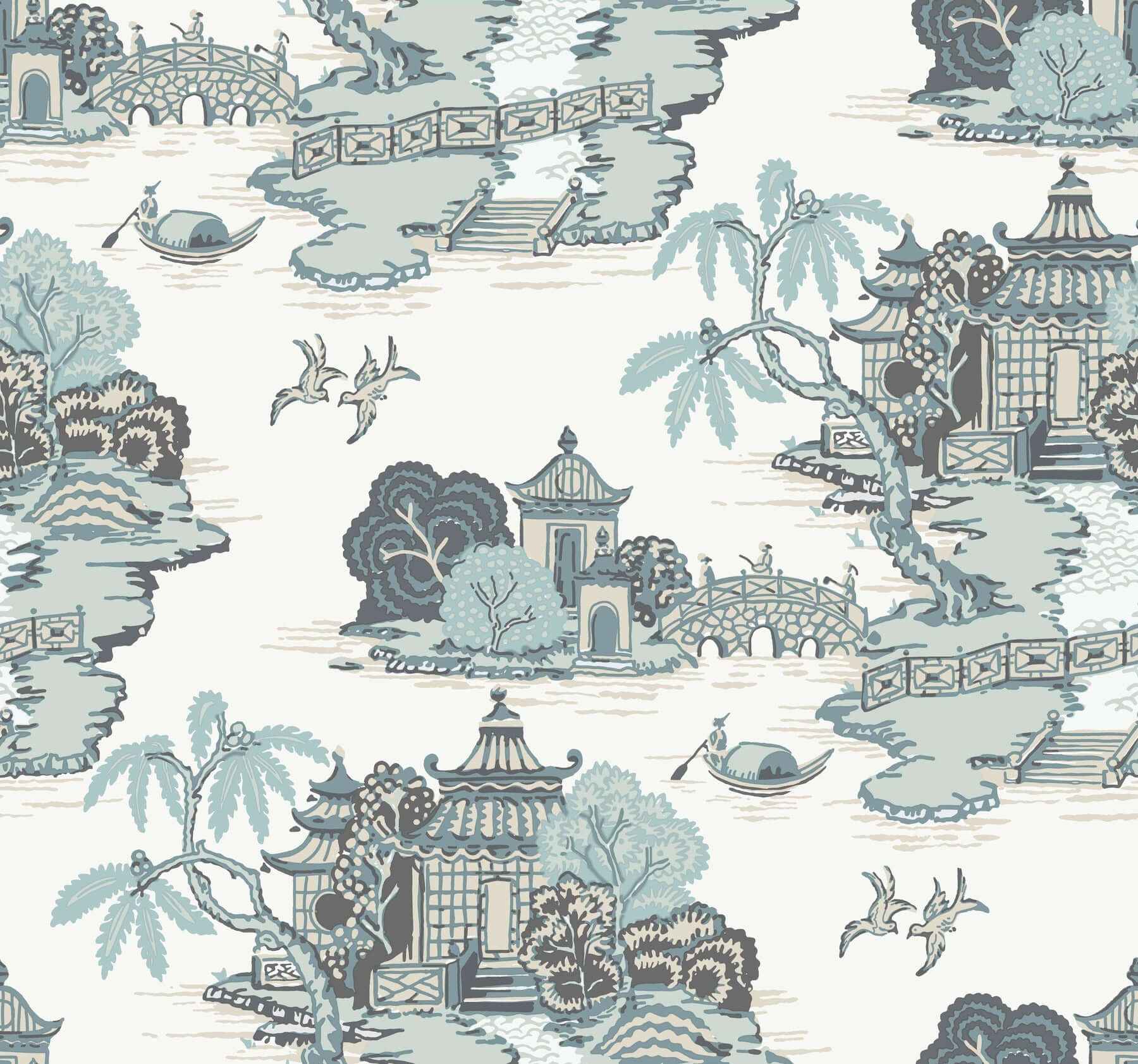 Pagoda And Sampan Scenic Seamist Wallpaper - York Wallcoverings - RT7904 - York Wallcoverings Wallpaper