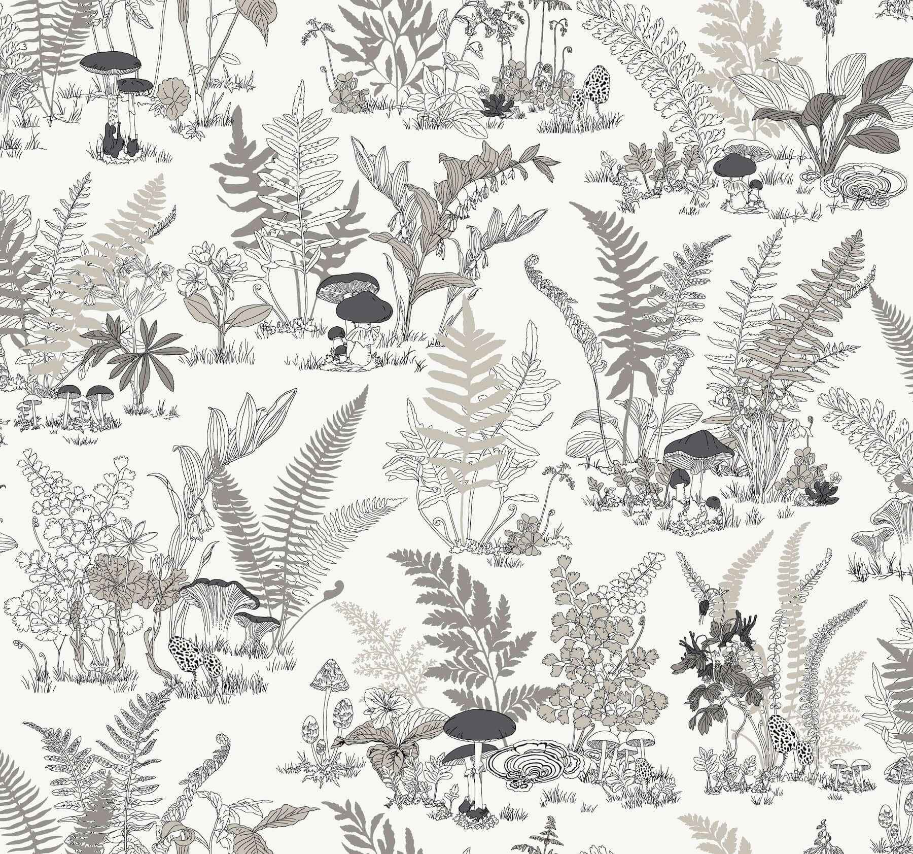 Mushroom Garden Toile Black & Grey Wallpaper - York Wallcoverings - RT7893 - York Wallcoverings Wallpaper