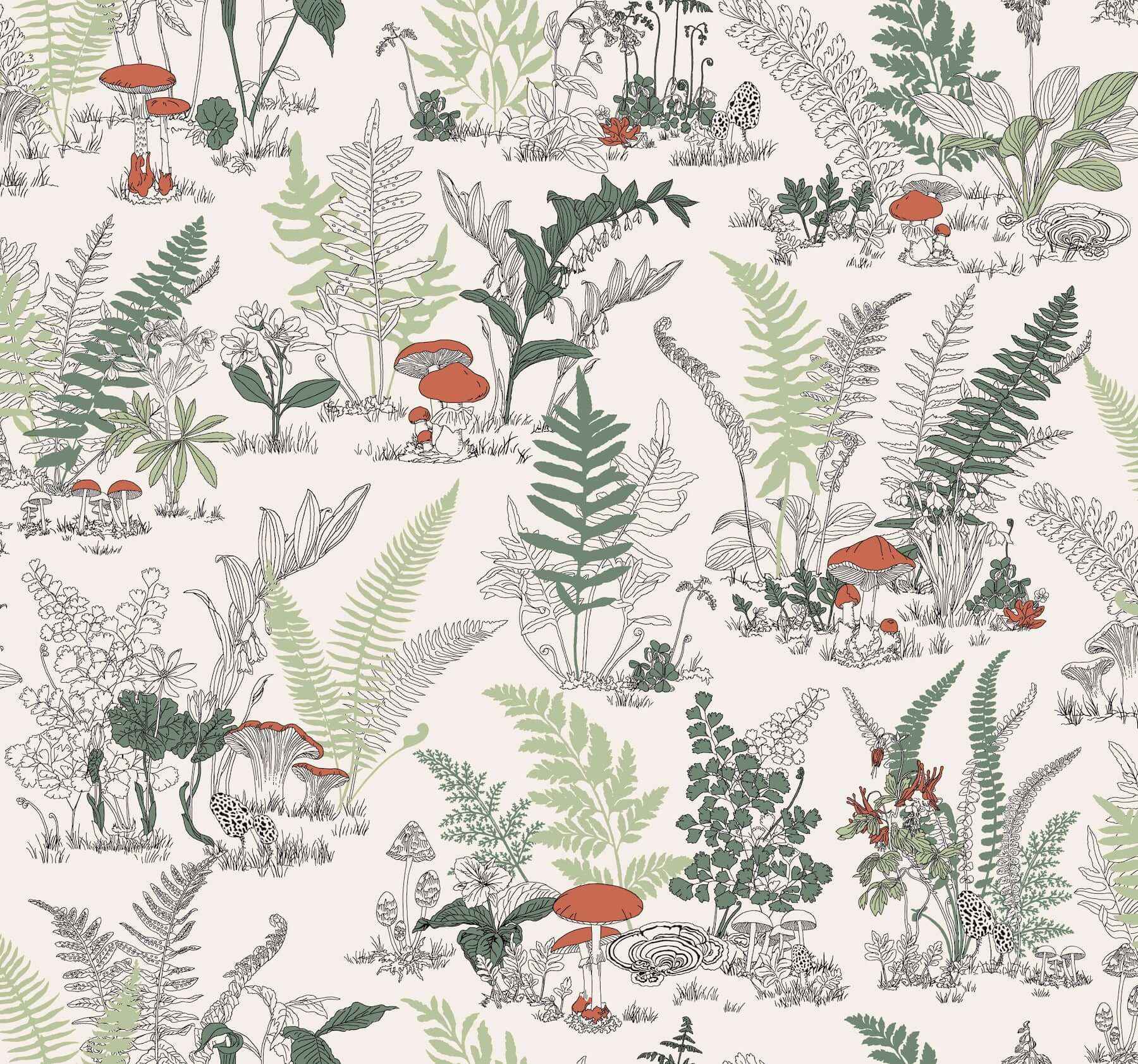 Mushroom Garden Toile Red & Green Wallpaper - York Wallcoverings - RT7891 - York Wallcoverings Wallpaper