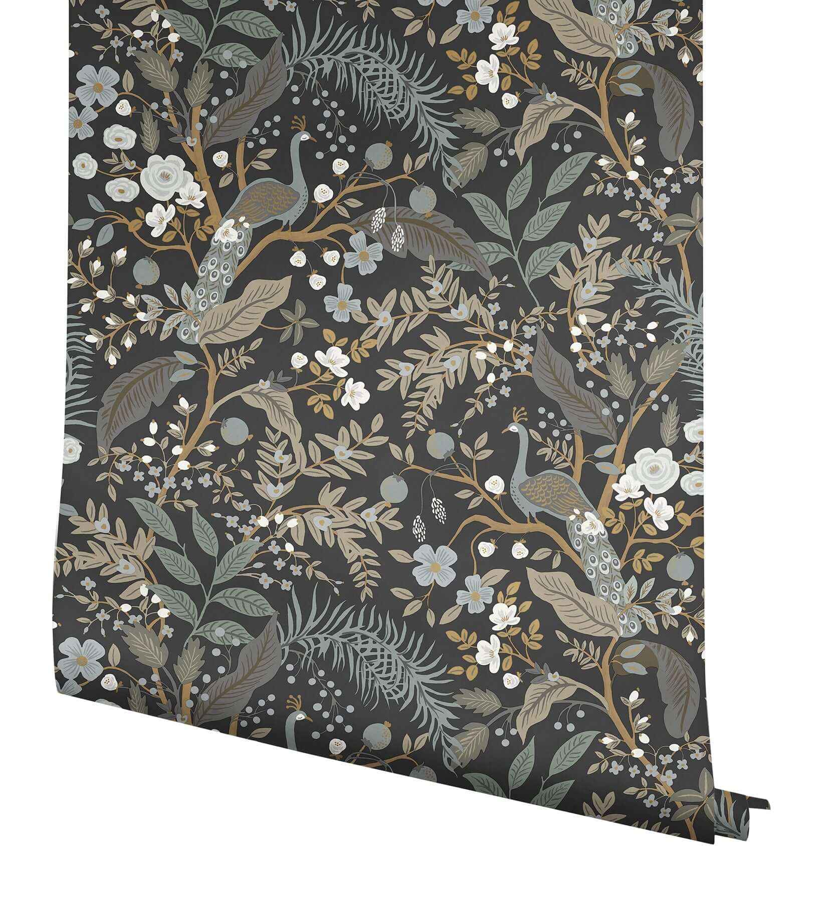 Peacock Garden Black Peel & Stick Wallpaper - York Wallcoverings - PSW1537RL - York Wallcoverings Wallpaper