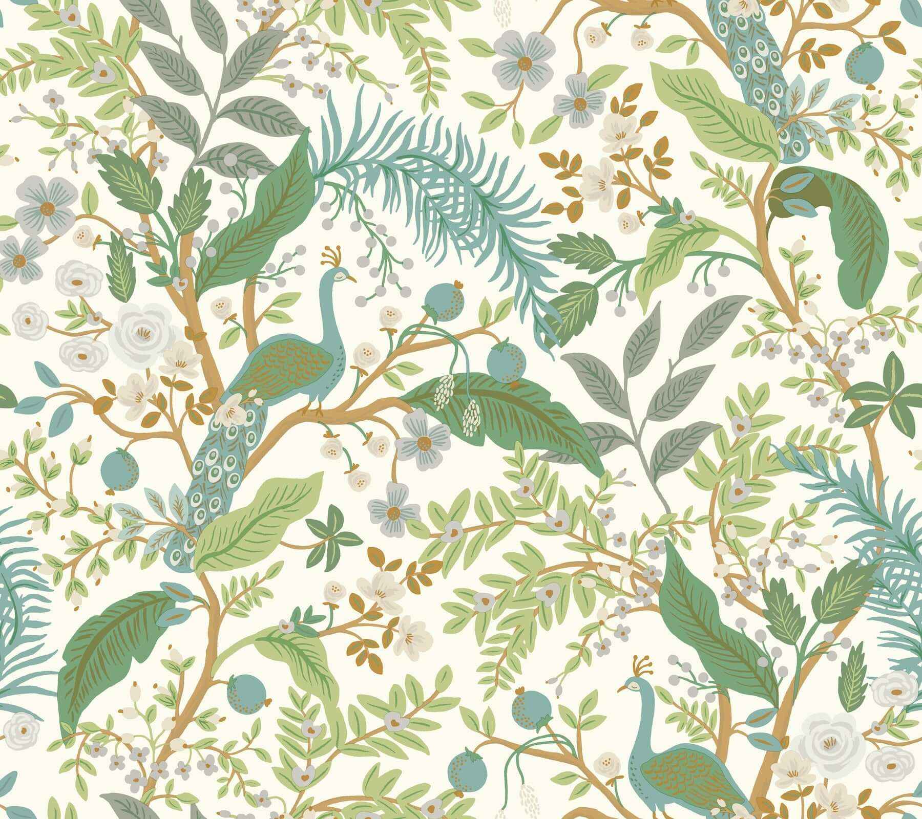 Peacock Garden White Peel & Stick Wallpaper - York Wallcoverings - PSW1539RL - York Wallcoverings Wallpaper