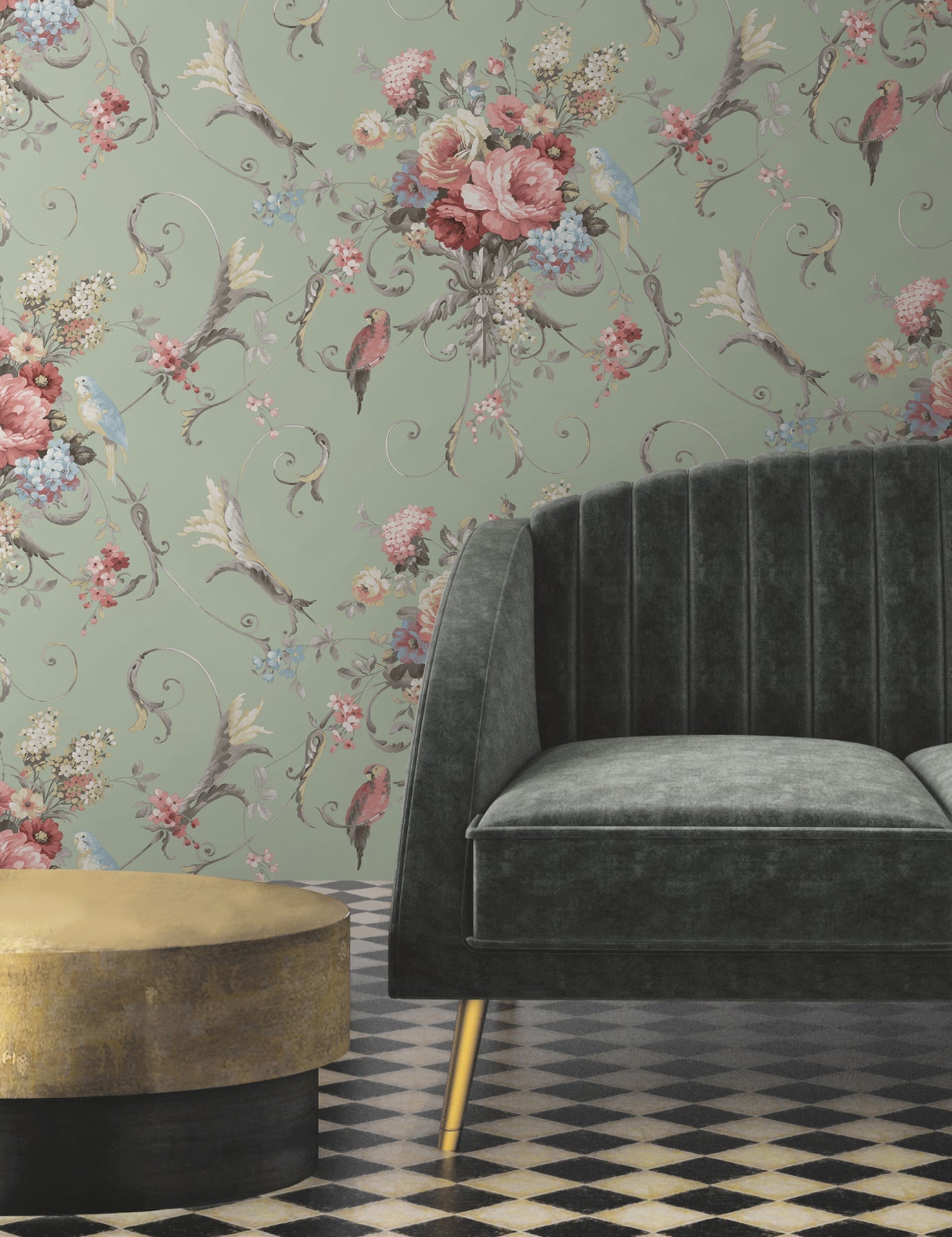 parrots-with-floral-bouquets-premium-peel-stick-wallpaper-green-york-wallcoverings-psw1361rl