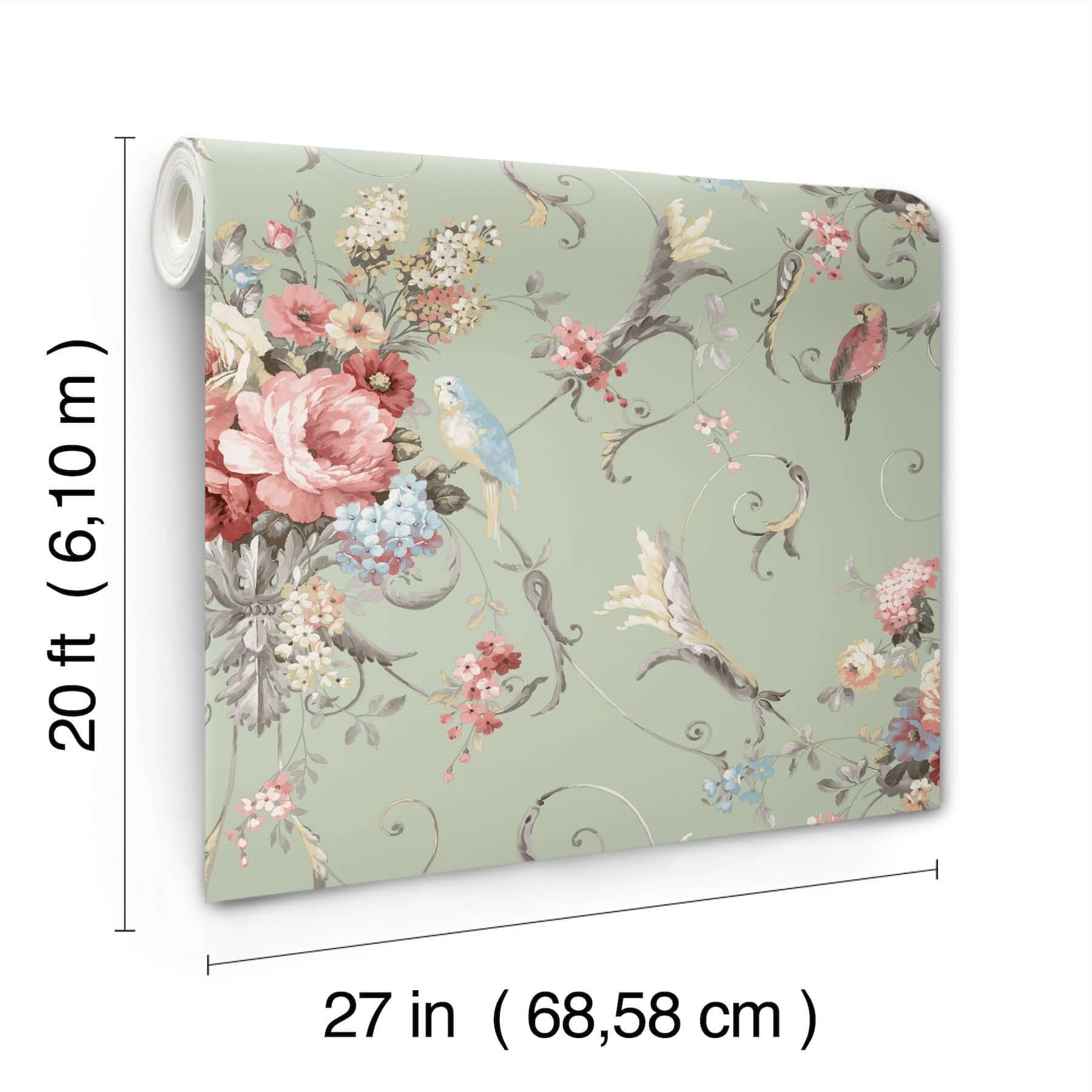 parrots-with-floral-bouquets-eucalyptus-peel-stick-wallpaper-york-wallcoverings-psw1361rl - York Wallcoverings Wallpaper