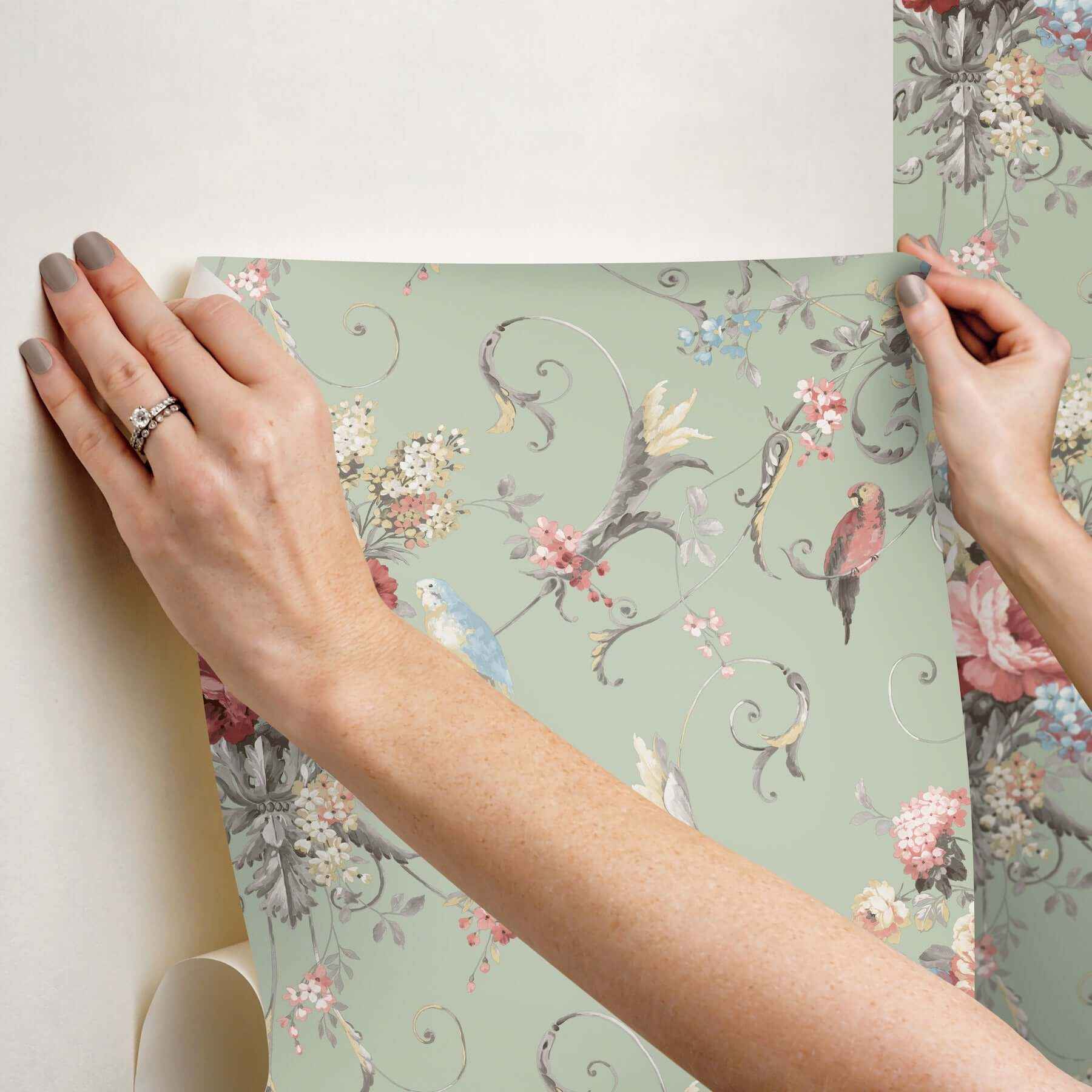 Parrots with Floral Bouquets Eucalyptus Peel & Stick Wallpaper - York Wallcoverings - PSW1361RL - York Wallcoverings Wallpaper