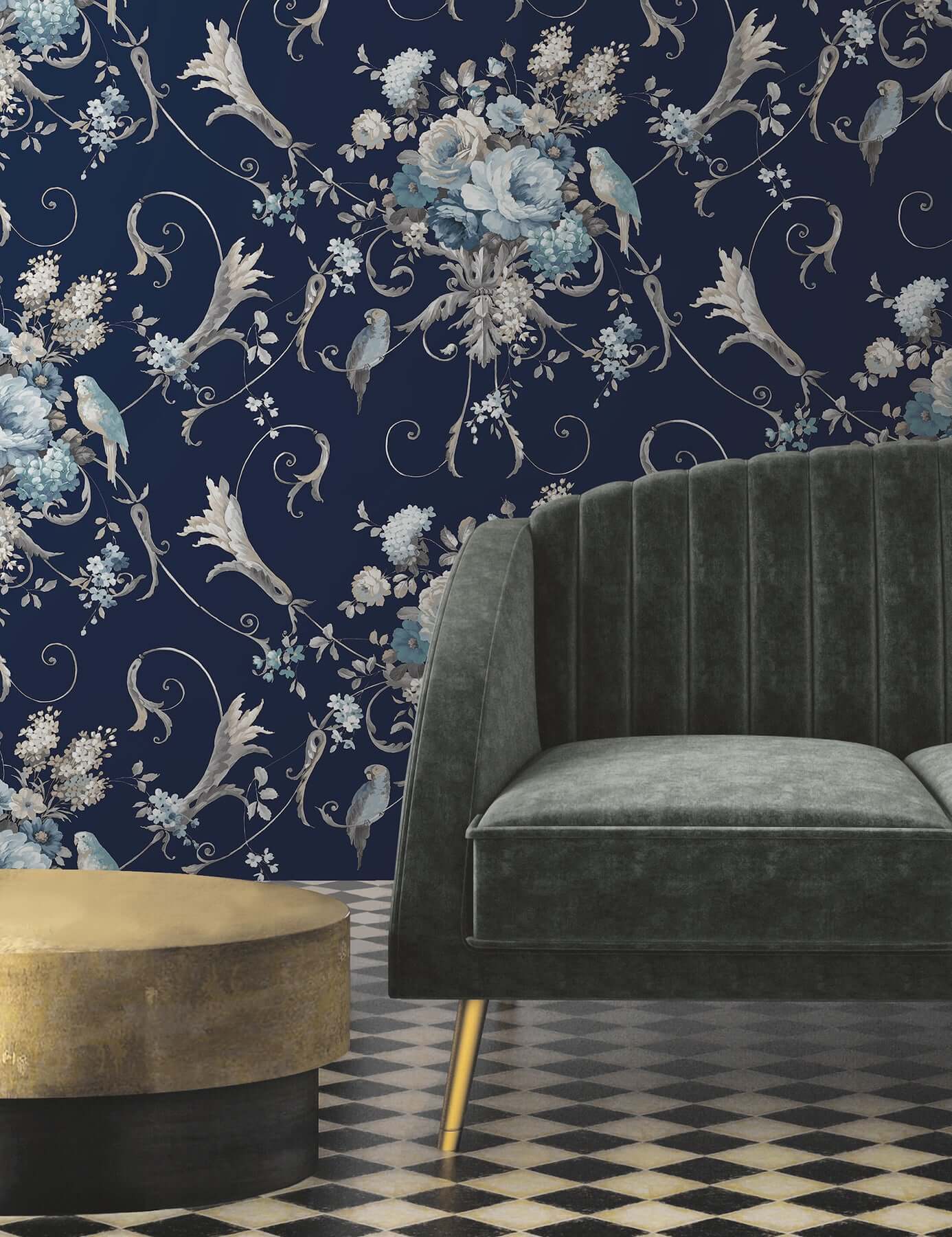 parrots-with-floral-bouquets-navy-peel-stick-wallpaper-york-wallcoverings-psw1360rl - York Wallpaper Wallpaper