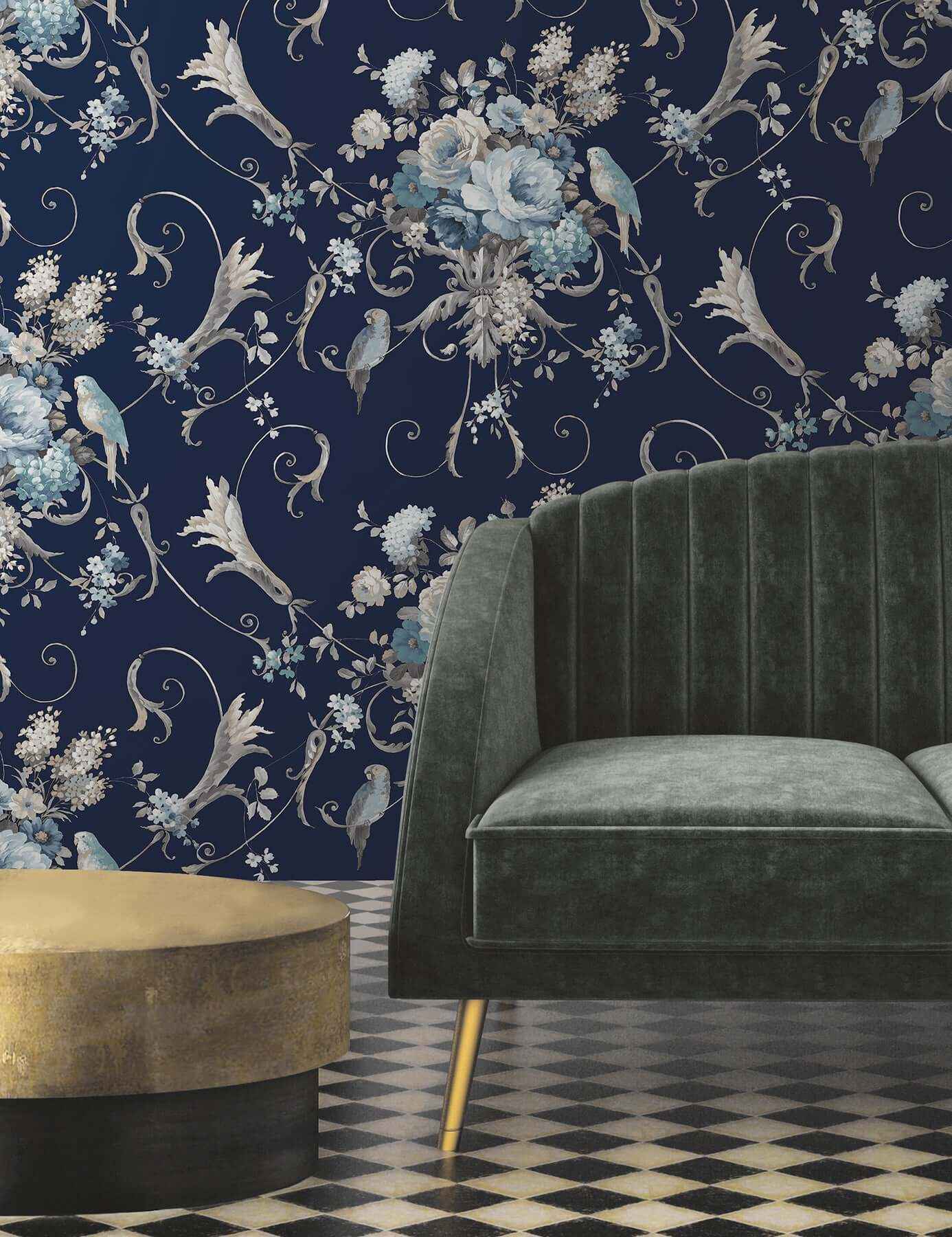 Parrots with Floral Bouquets Navy Peel & Stick Wallpaper - York Wallcoverings - PSW1360RL - York Wallcoverings Wallpaper