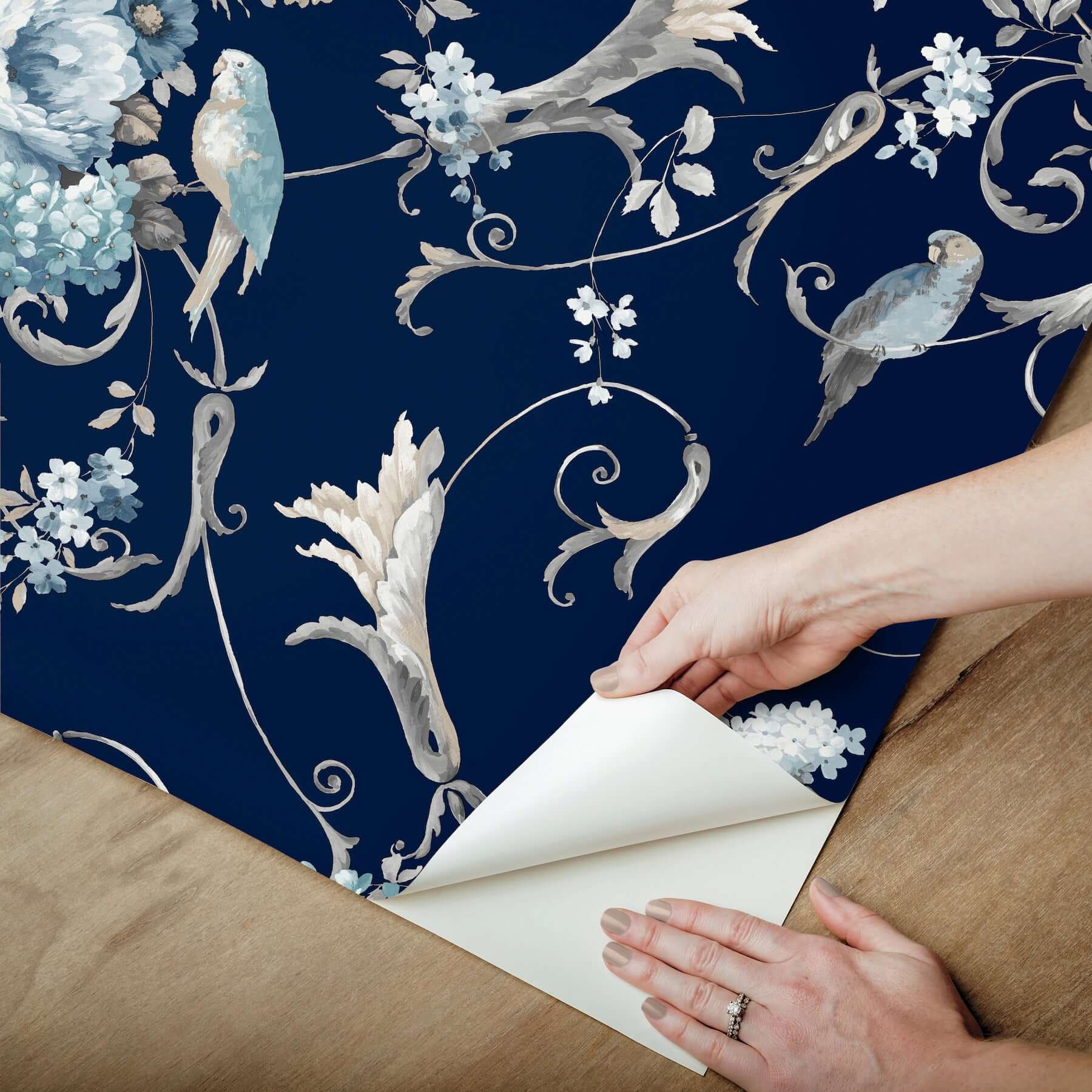 parrots-with-floral-bouquets-navy-peel-stick-wallpaper-york-wallcoverings-psw1360rl - York Wallpaper Wallpaper