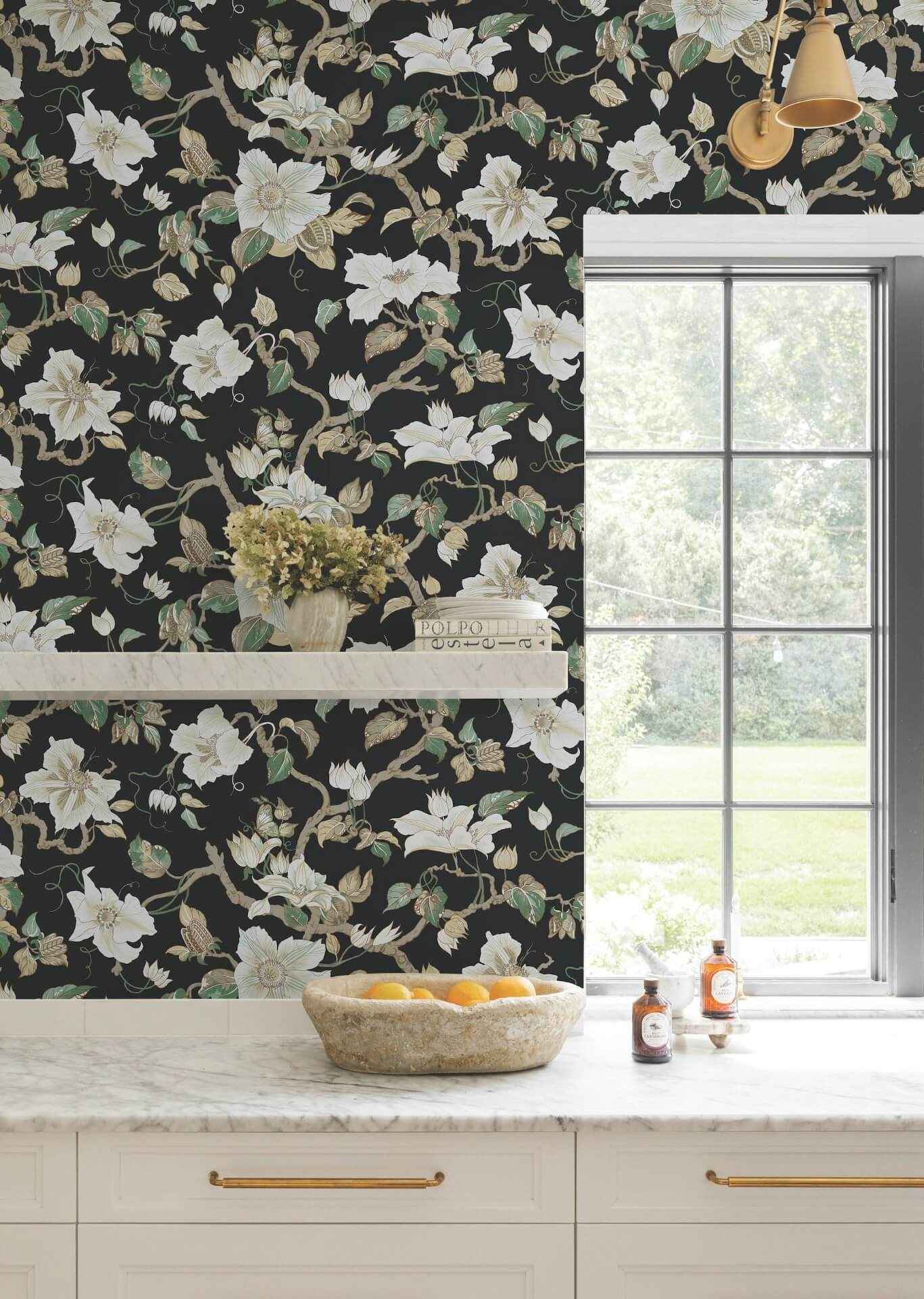 Marguerite Vine Black Wallpaper - York Wallcoverings - GT4514