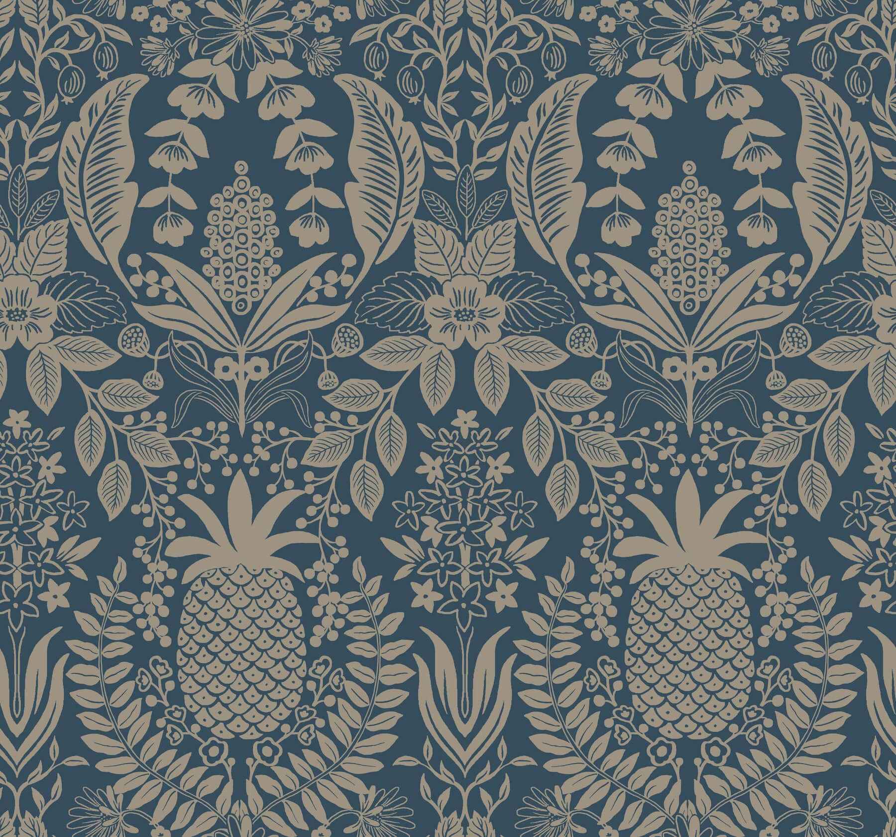 Pineapple Damask Navy Wallpaper - York Wallcoverings - RF7486