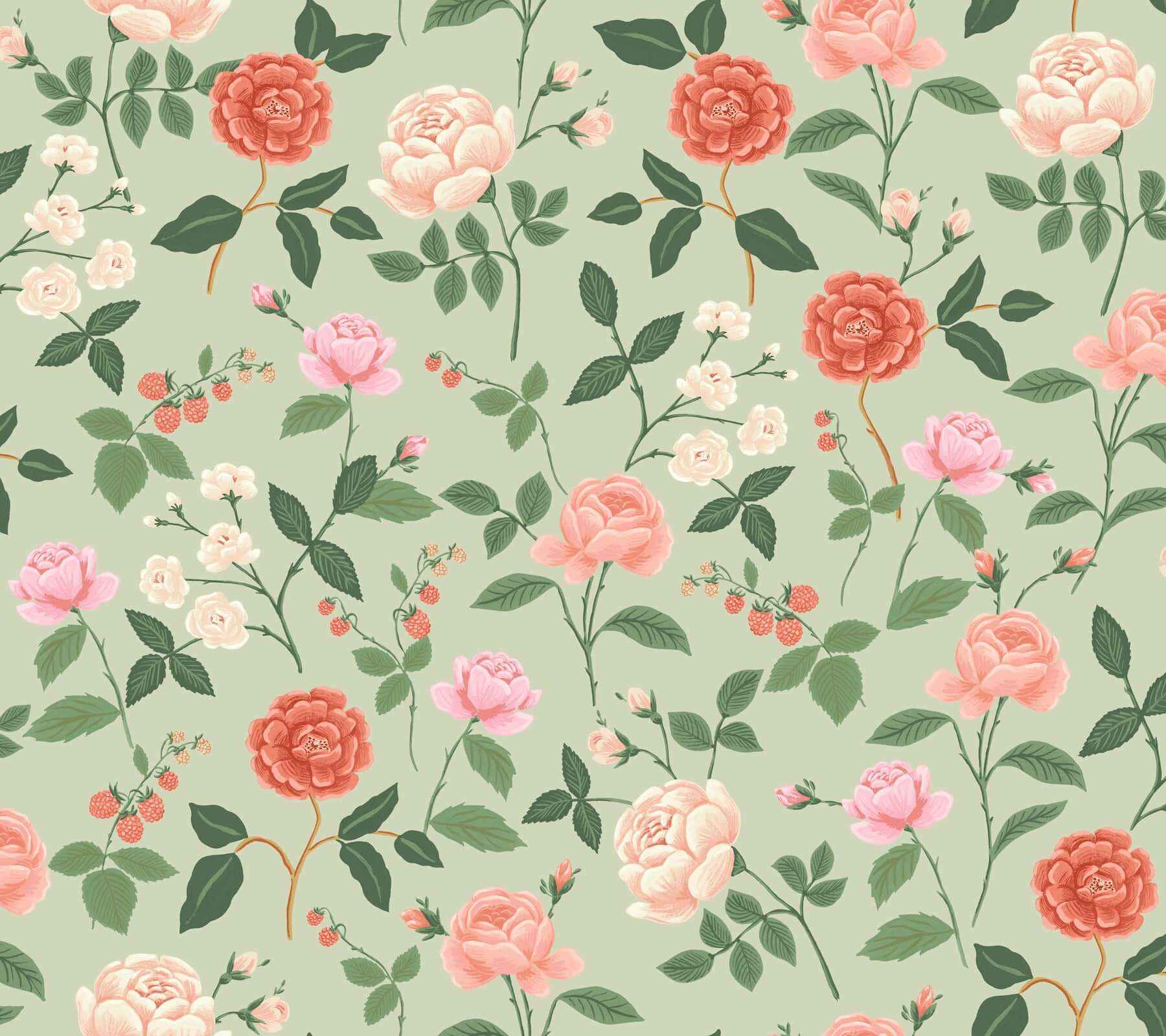 Roses Mint Wallpaper - York Wallcoverings - RF7545