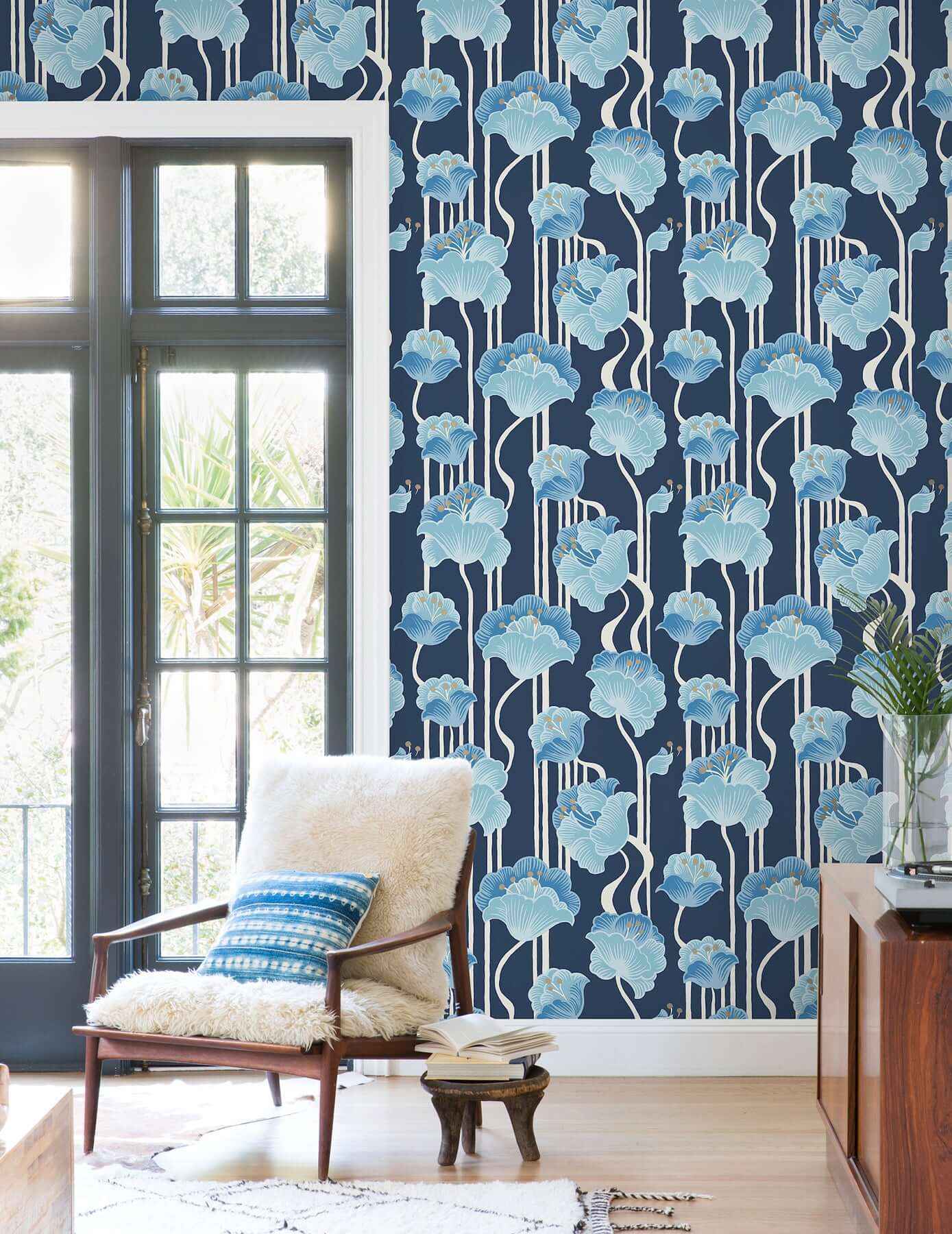 Shirley Blue Deco Floral Peel & Stick Wallpaper - York Wallcoverings - PSW1569RL - York Wallcoverings P&S Wallpaper