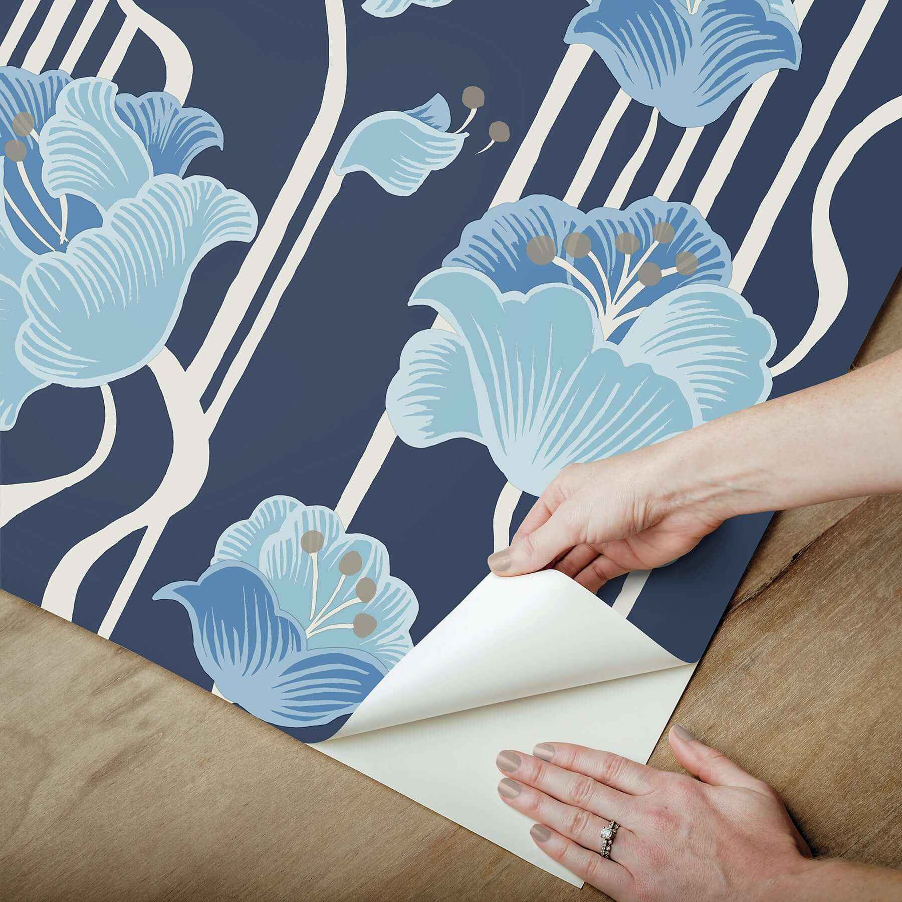 Shirley Blue Deco Floral Peel & Stick Wallpaper - York Wallcoverings - PSW1569RL - York Wallcoverings P&S Wallpaper