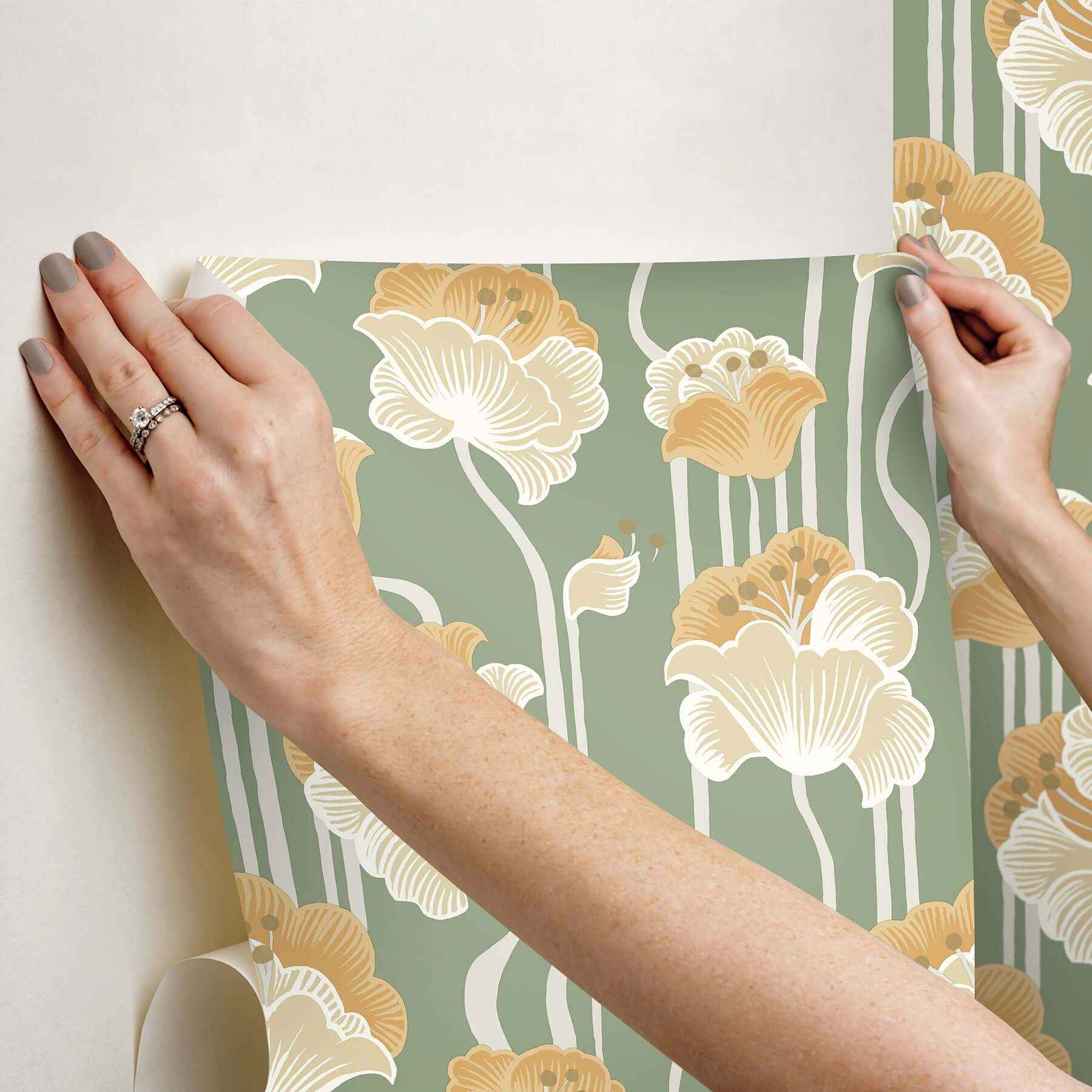 Shirley Green Deco Floral Peel & Stick Wallpaper - York Wallcoverings - PSW1570RL - York Wallcoverings P&S Wallpaper