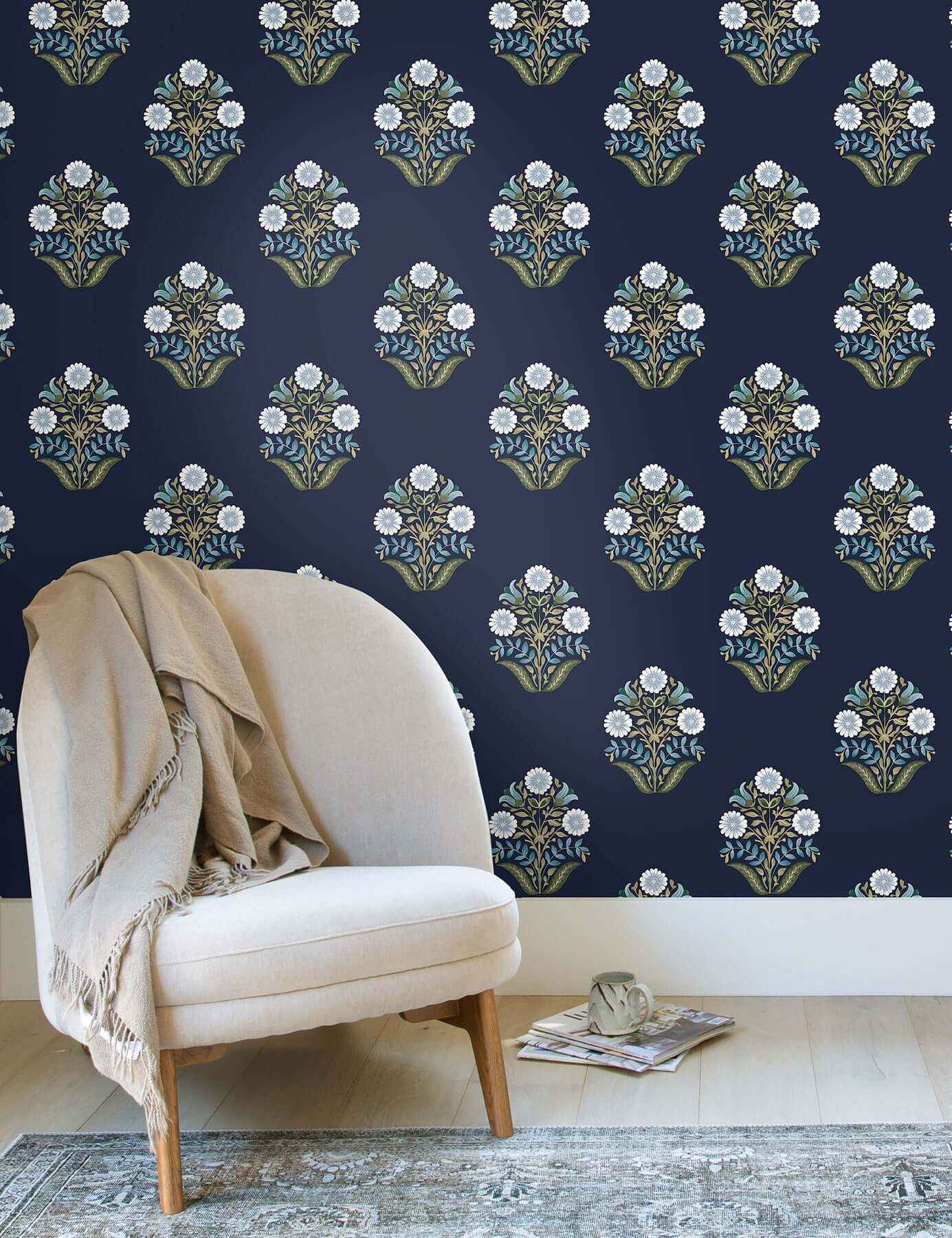 Sophie Navy Floral Medallion Peel & Stick Wallpaper - York Wallcoverings - PSW1576RL - York Wallcoverings P&S Wallpaper