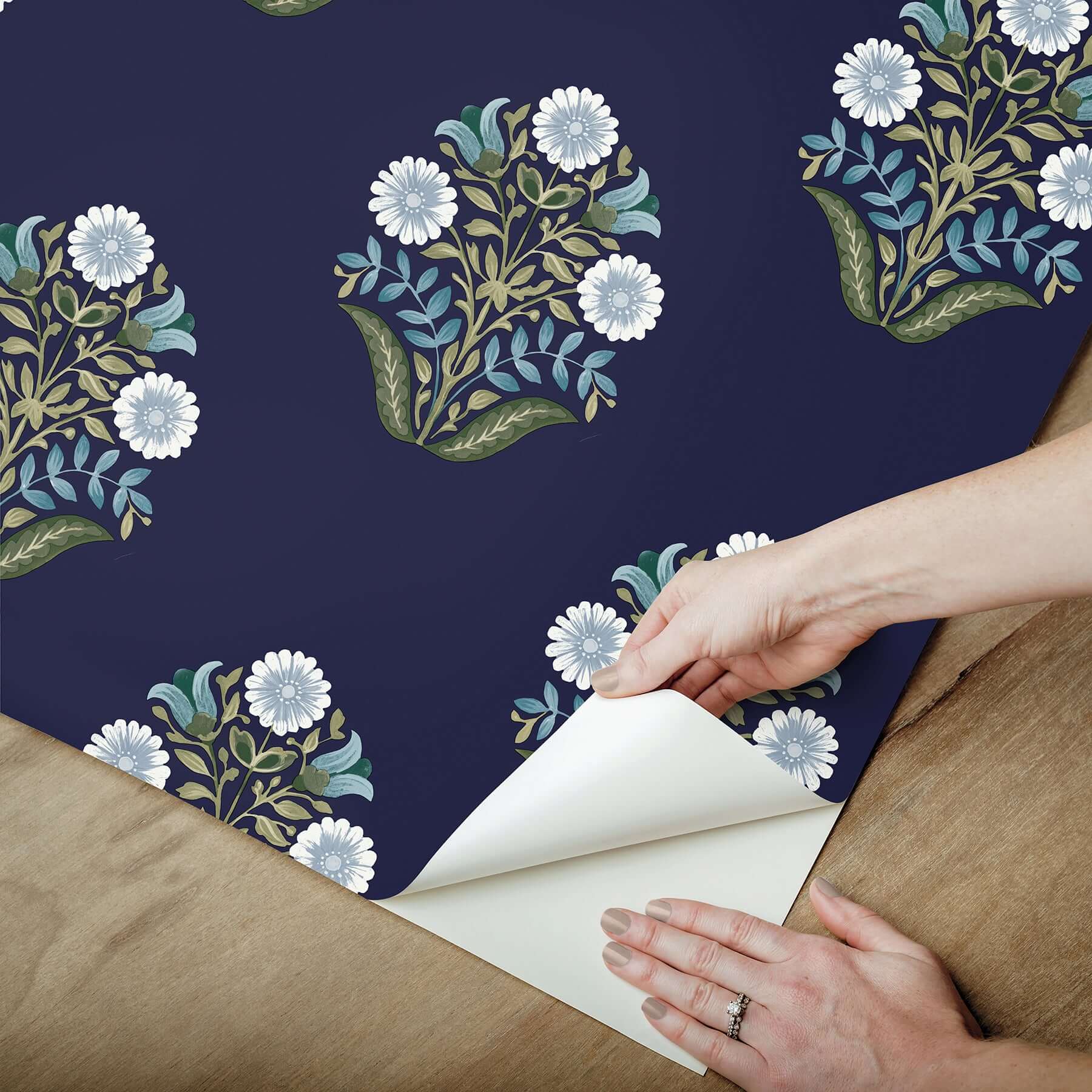 sophie-navy-floral-medallion-peel-stick-wallpaper-york-wallcoverings-psw1576rl - York Wallcoverings P&S Wallpaper
