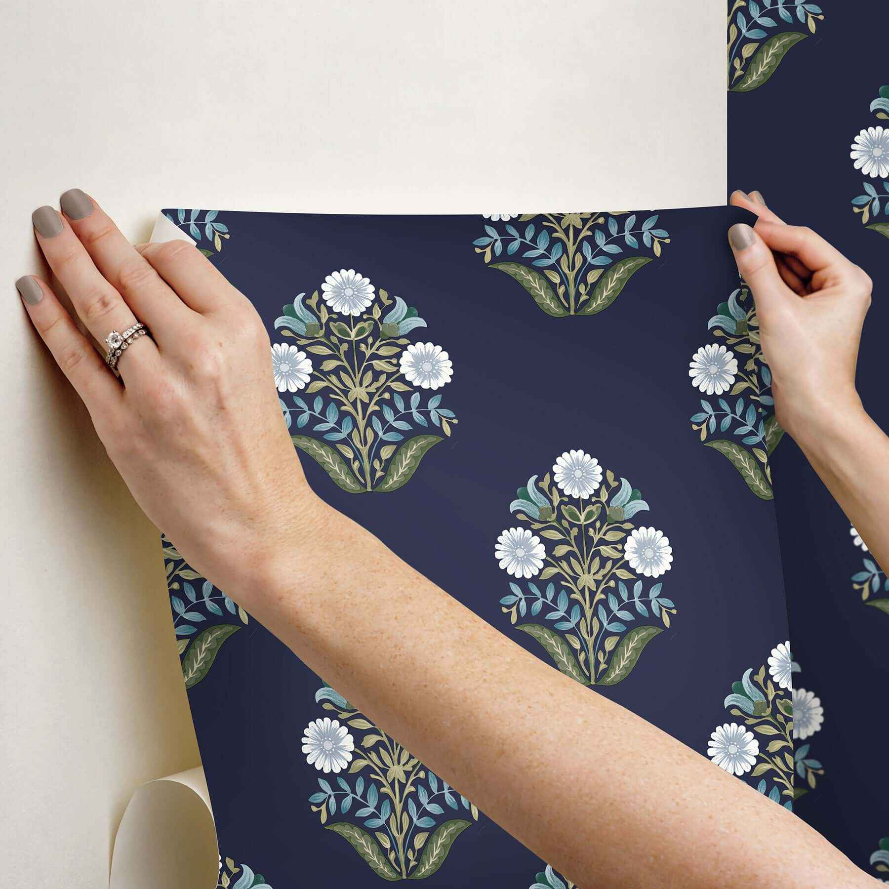 Sophie Navy Floral Medallion Peel & Stick Wallpaper - York Wallcoverings - PSW1576RL - York Wallcoverings P&S Wallpaper