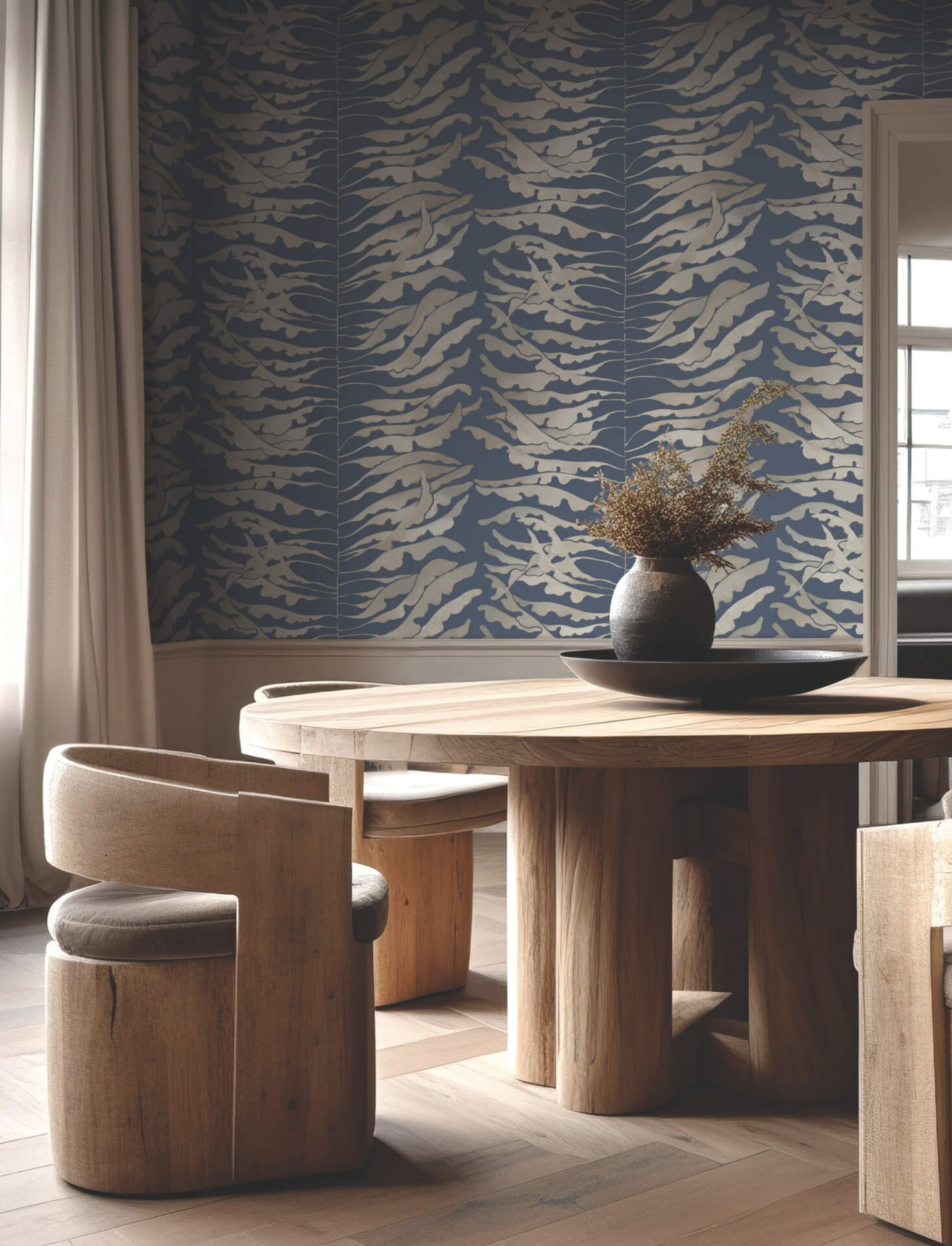 leaf-column-navy-wallpaper-york-wallcoverings-fm1043 - York Wallpaper Wallpaper