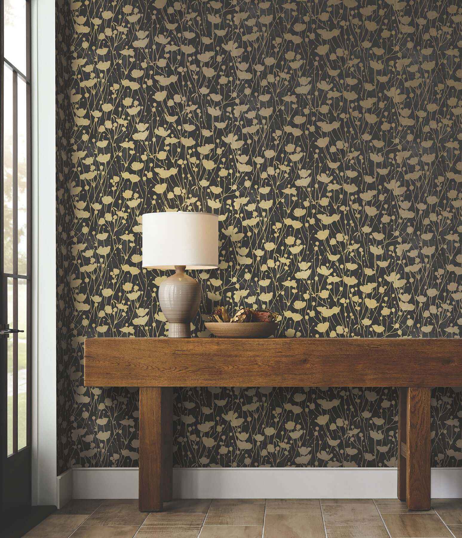 Shimmering Poppies Black & Gold Wallpaper - York Wallcoverings - ZA8066 - York Wallcoverings Wallpaper