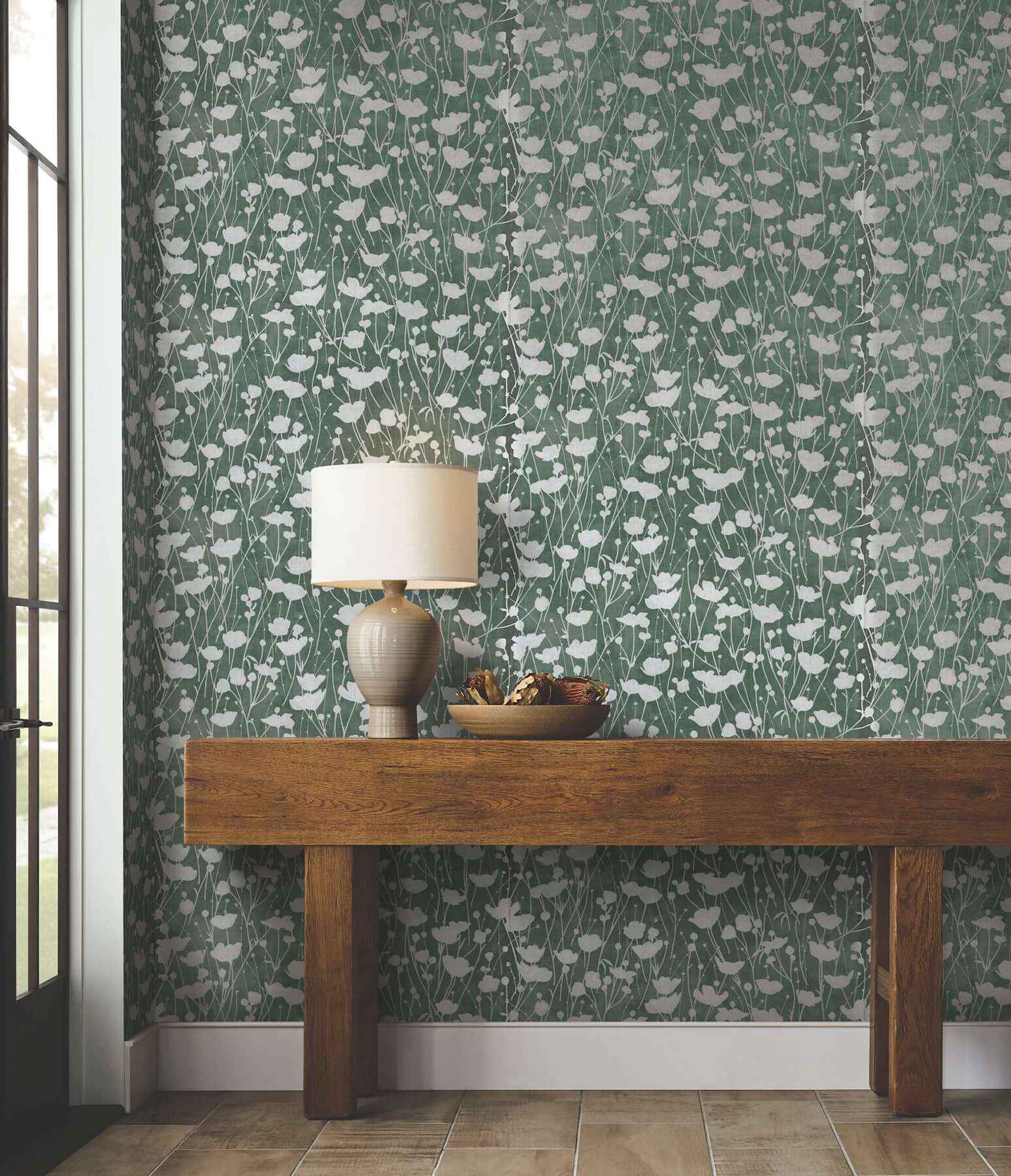 Shimmering Poppies Green & Silver Wallpaper - York Wallcoverings - ZA8068 - York Wallcoverings Wallpaper