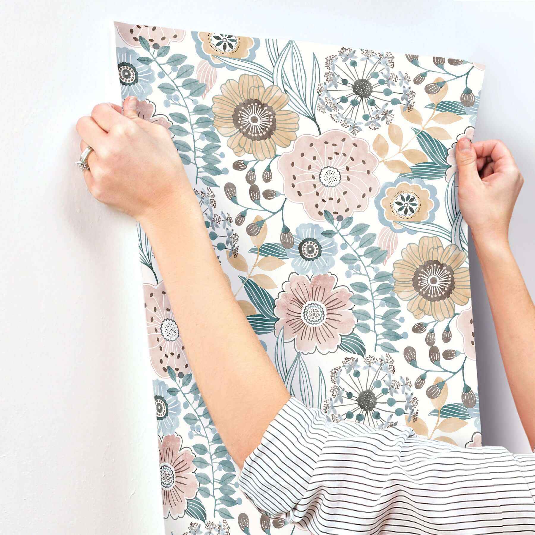 Artistic Bouquet Ochre & Ocean Wallpaper - York Wallcoverings - ZM2891 - York Wallcoverings Wallpaper