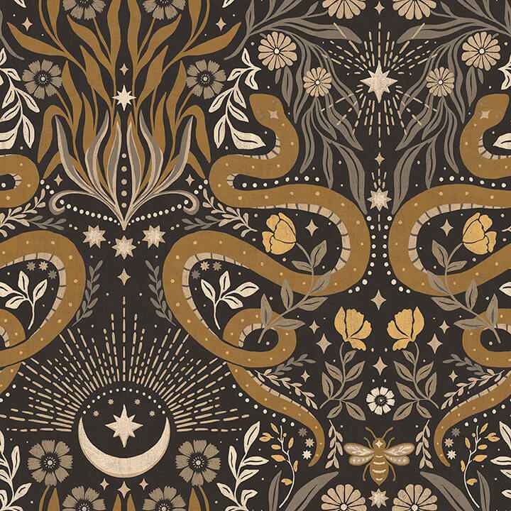 Mystic Serpent Black Gold Peel and Stick Wallpaper - York Wallcoverings - RMWS1255