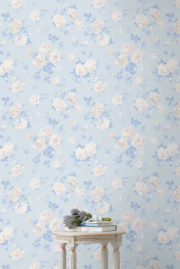 Everblooming Rosettes Whisper Blue Cabbage Rose Bouquets Wallpaper - York Wallcoverings - AST6492 - York Wallcoverings Wallpaper