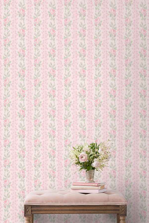 Blooming Heirloom Strawberry Macaron Rose Stripe Peel and Stick Wallpaper - York Wallcoverings - LFS6491 - York Wallcoverings Wallpaper