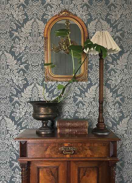 Finch Blue Woodland Damask Wallpaper - York Wallcoverings - 4173-27622
