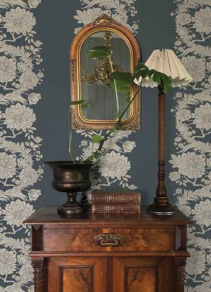 Gisela Blue Floral Columns Wallpaper - York Wallcoverings - 4173-27642 - York Wallcoverings Wallpaper