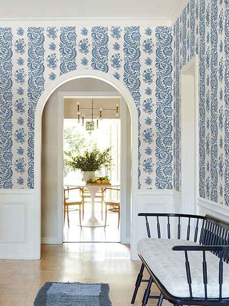 Beaumont Blue Floral Stripe Wallpaper - York Wallcoverings - VP1302 - York Wallcoverings Wallpaper