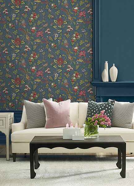 Parterre Indigo Jacobean Wallpaper - York Wallcoverings - VP1311