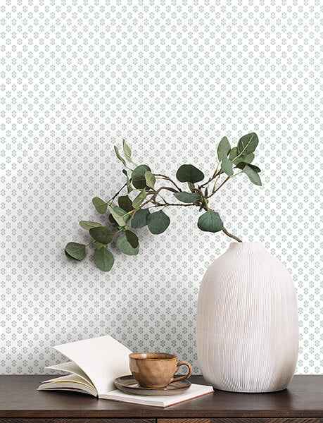 Brioni Light Blue Floral Stamp Wallpaper - York Wallcoverings - VP1391