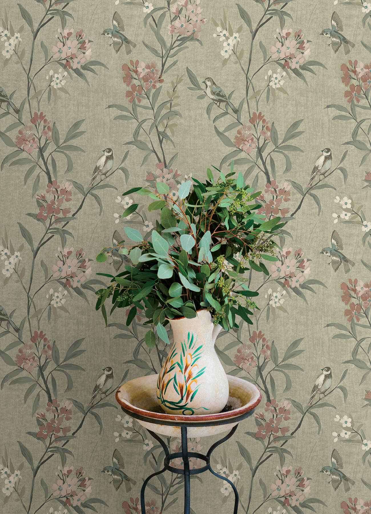 Tea Olive Green Finch Frolic Wallpaper - York Wallcoverings - 4169-83138 - York Wallcoverings Wallpaper