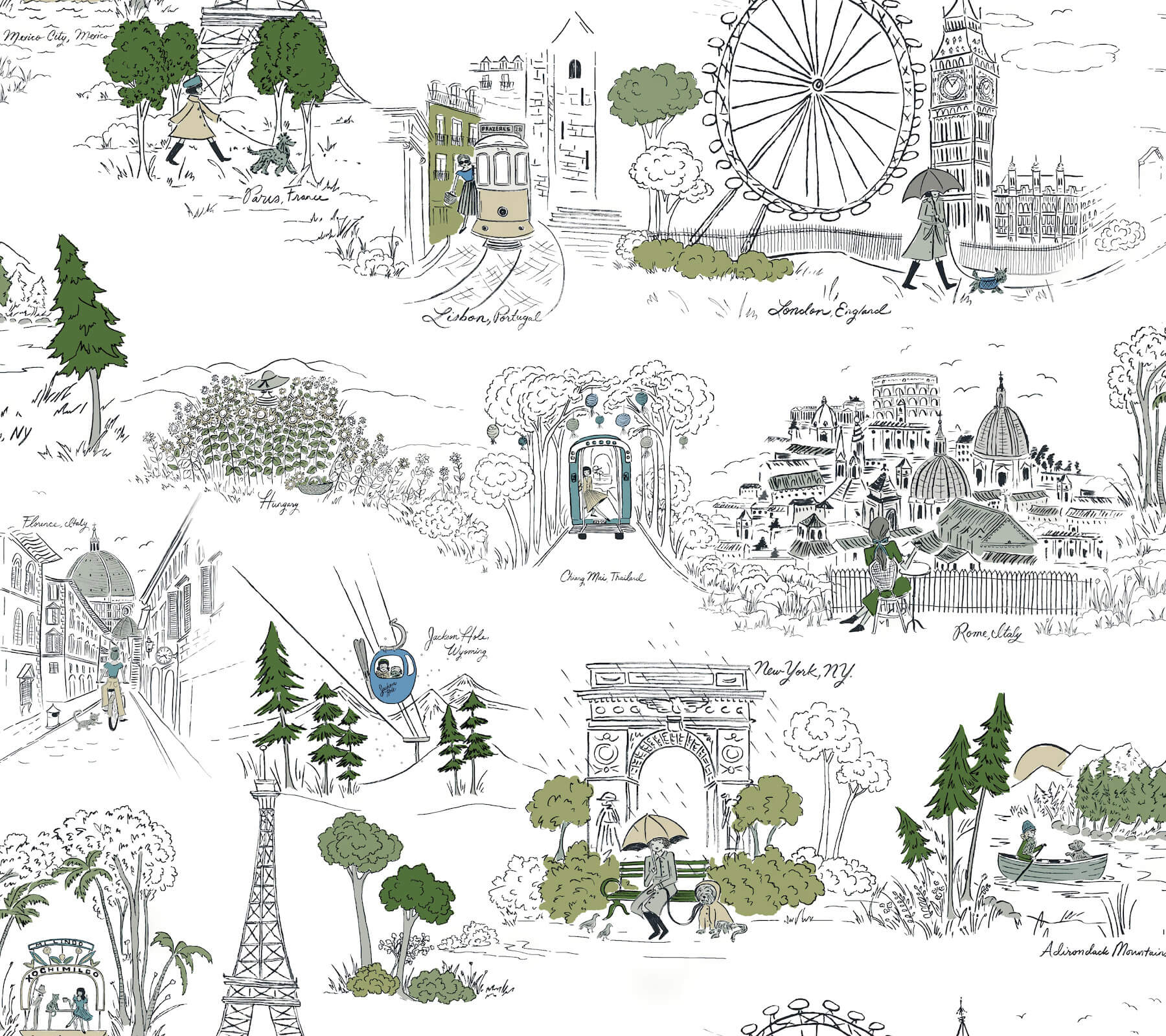 travel-sketches-blue-globetrotter-premium-peel-stick-wallpaper-york-wallcoverings-psw1682rl - York Wallcoverings Papel pintado