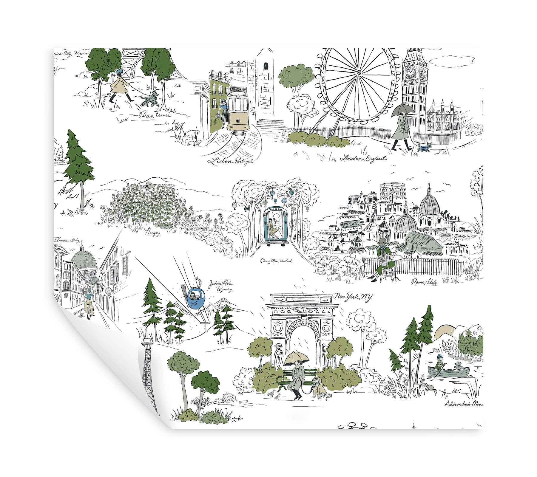 Travel Sketches Blue Globetrotter Premium Peel + Stick Wallpaper - York Wallcoverings - PSW1682RL - York Wallcoverings Papel pintado