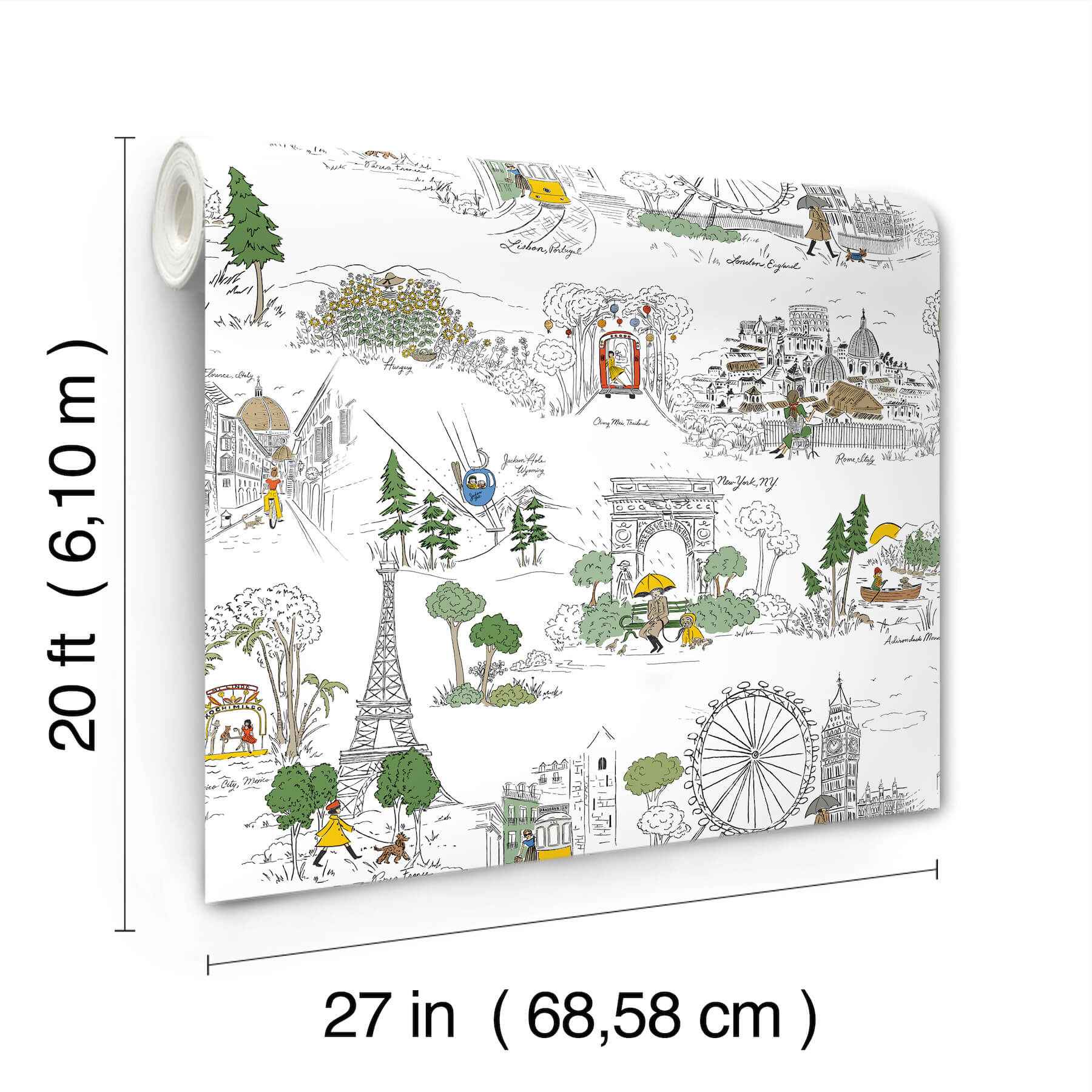 Travel Sketches Yellow Globetrotter Premium Peel + Stick Wallpaper - York Wallcoverings - PSW1683RL - York Wallcoverings Wallpaper