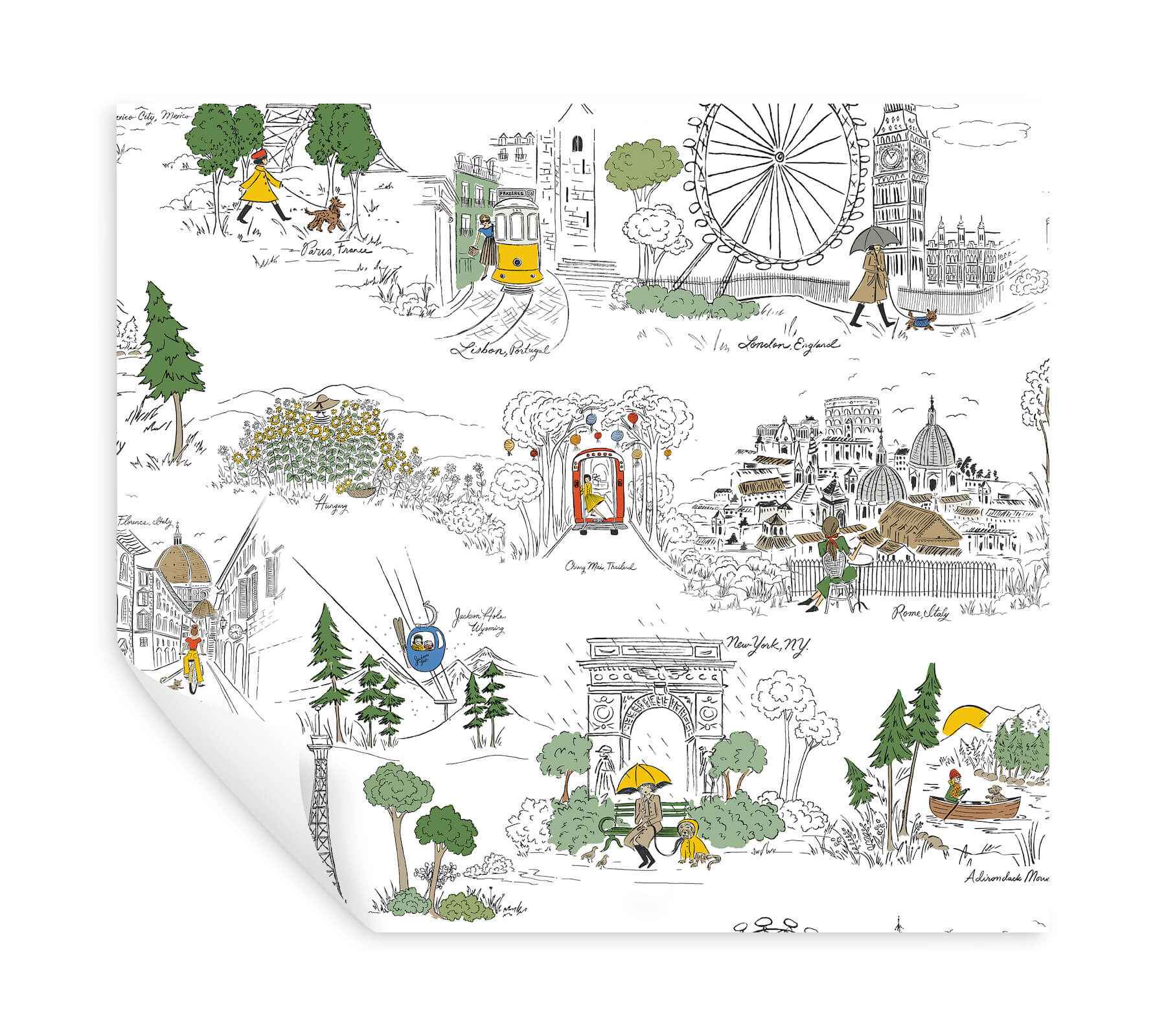 Travel Sketches Yellow Globetrotter Premium Peel + Stick Wallpaper - York Wallcoverings - PSW1683RL - York Wallcoverings Wallpaper