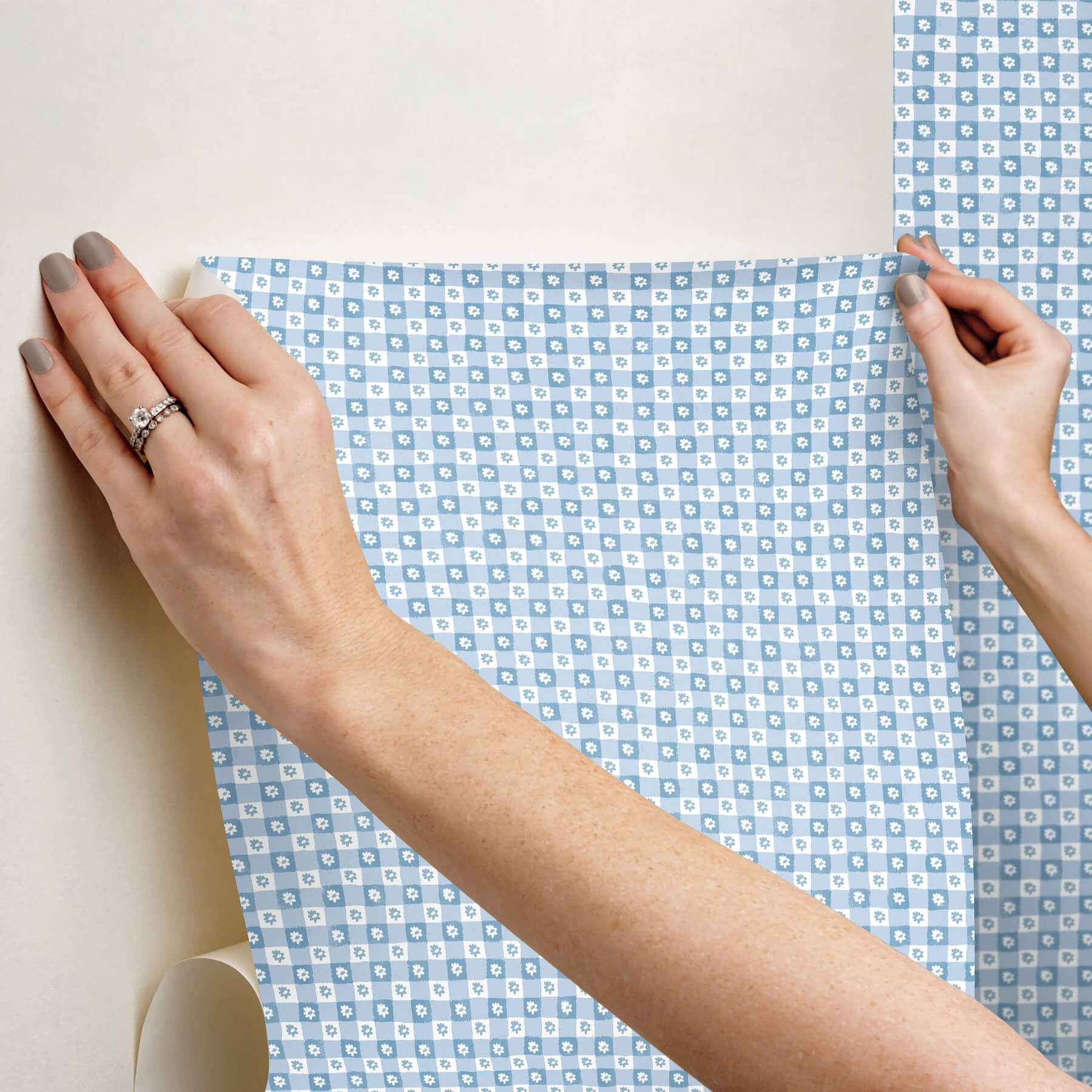 Daisy Gingham Blue Floral Check Premium Peel + Stick Wallpaper - York Wallcoverings - PSW1689RL - York Wallcoverings Wallpaper