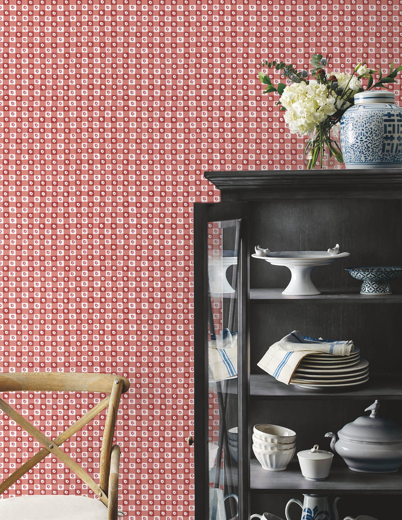 daisy-gingham-red-floral-check-premium-peel-stick-wallpaper-york-wallcoverings-psw1691rl - York Wallcoverings Wallpaper