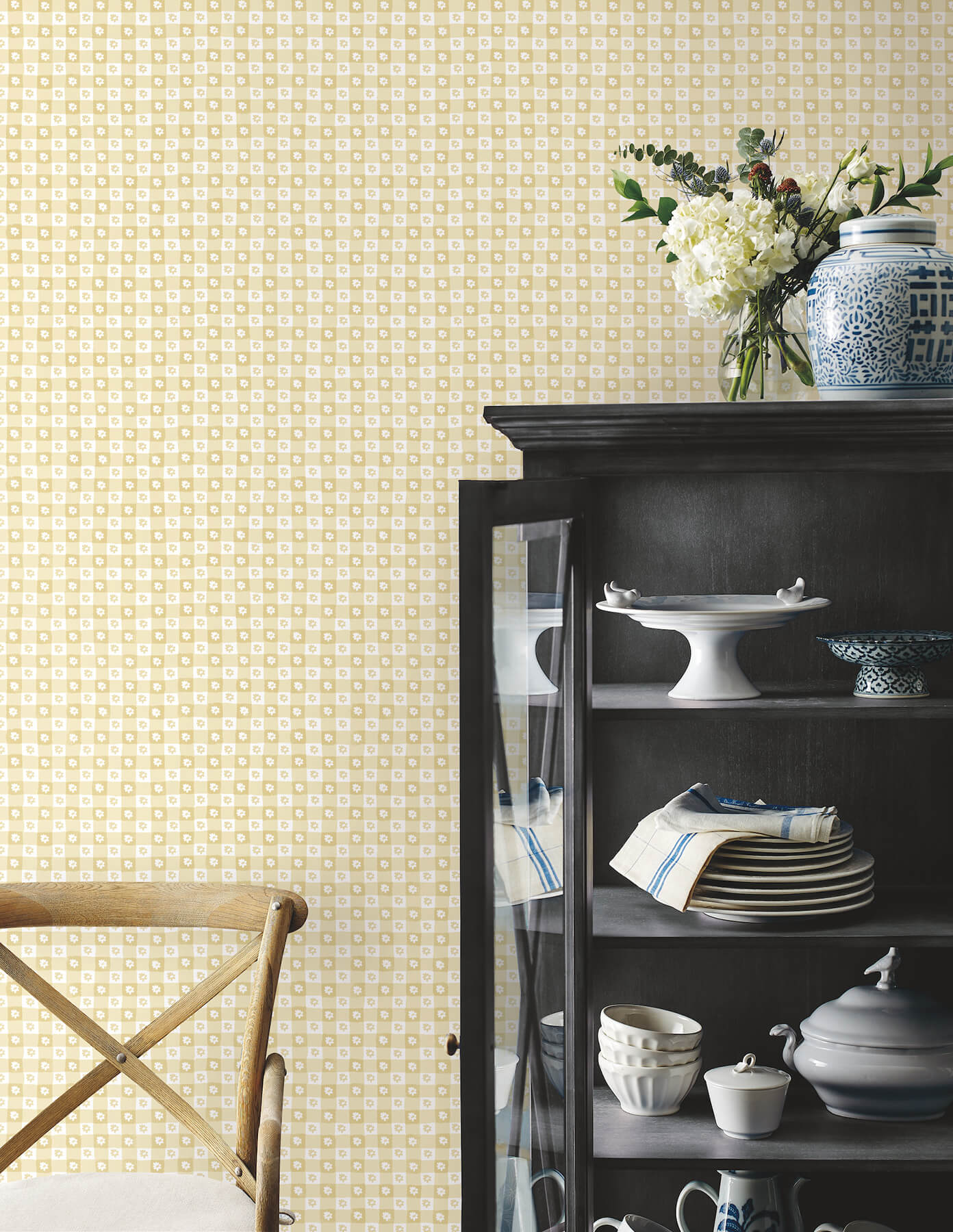 daisy-gingham-yellow-floral-check-premium-peel-stick-wallpaper-york-wallcoverings-psw1692rl - York Wallpaper Wallpaper