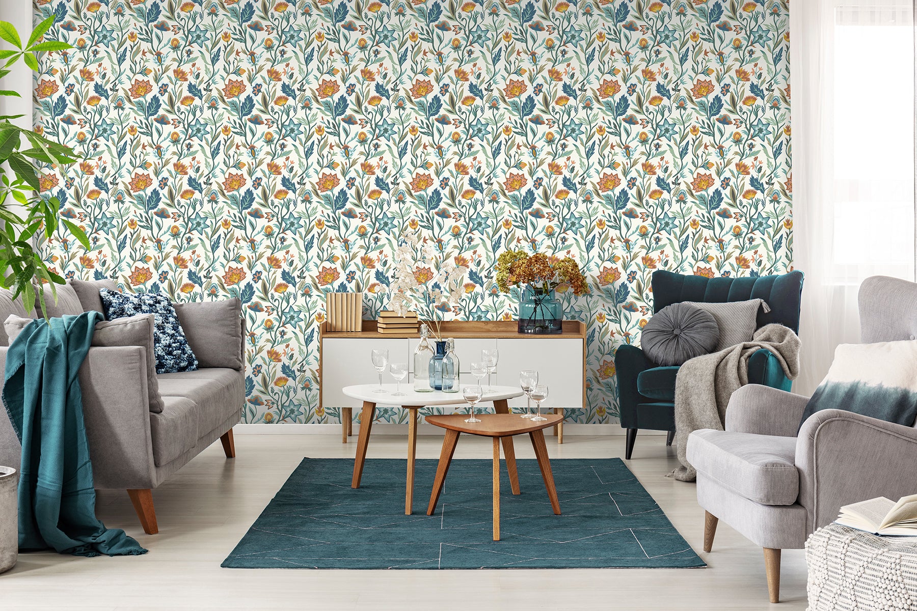 mallory-blue-vivid-floral-wallpaper-york-wallcoverings-ah100381ah - York Wallcoverings Wallpaper