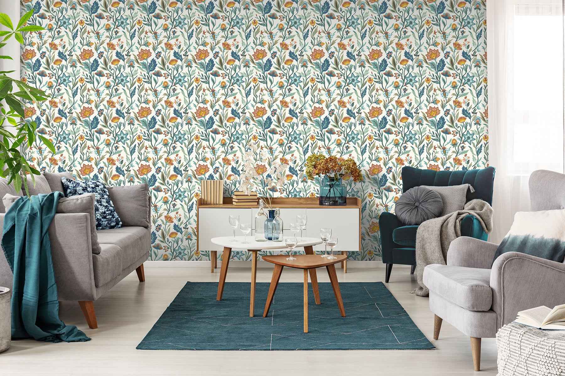 Mallory Blue Vivid Floral Wallpaper - York Wallcoverings - AH100381AH - York Wallcoverings Wallpaper