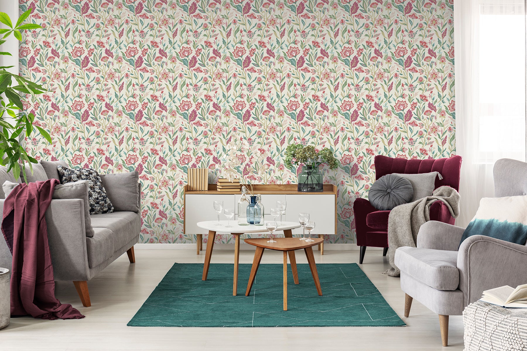mallory-pink-vivid-floral-wallpaper-york-wallcoverings-ah100382ah - York Wallcoverings Wallpaper