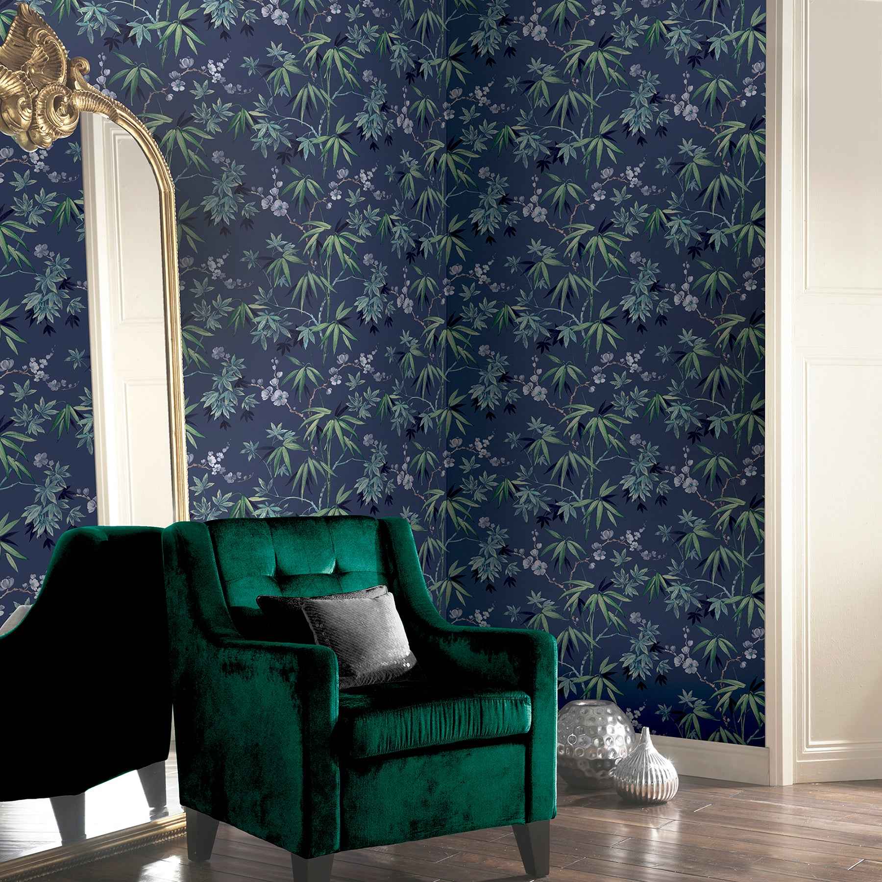 Desi Navy Jasmine Garden Wallpaper - York Wallcoverings - AH297800 - York Wallcoverings Wallpaper