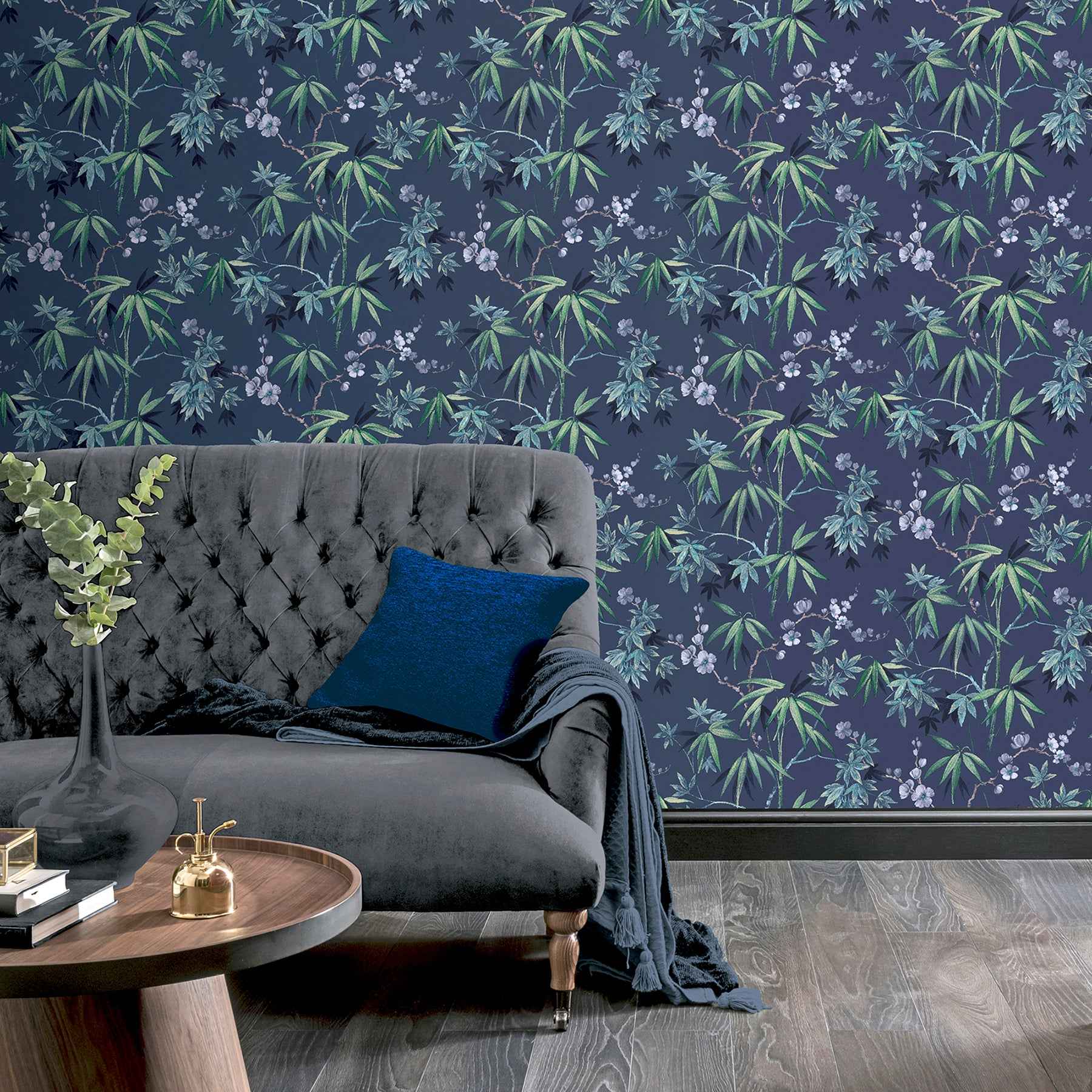 Desi Navy Jasmine Garden Wallpaper - York Wallcoverings - AH297800 - York Wallcoverings Wallpaper